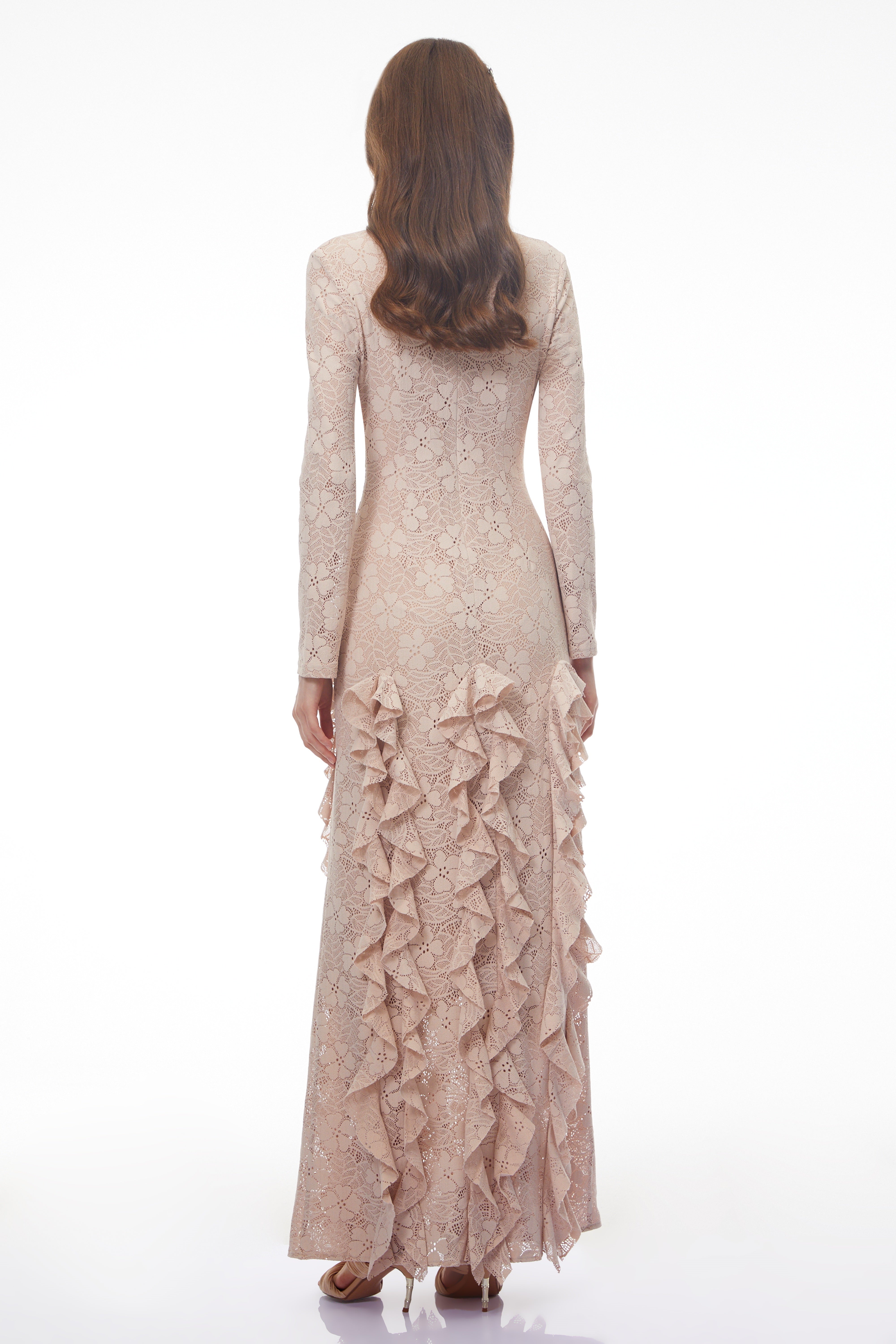 Yasemin Nude Floral Lace Ruffled Maxi Dress