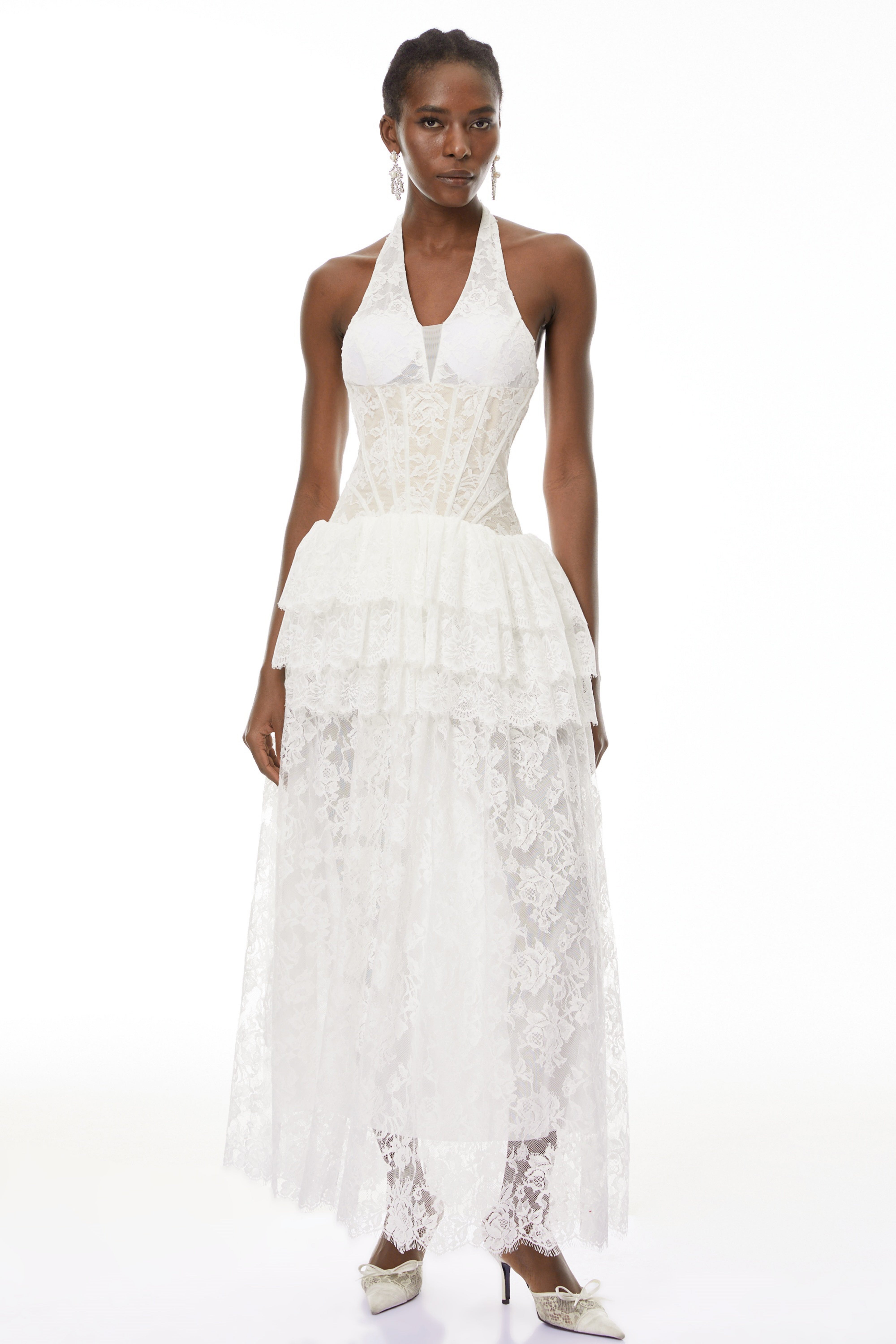 Yoliswa White Floral Appliqué Tiered Maxi Dress