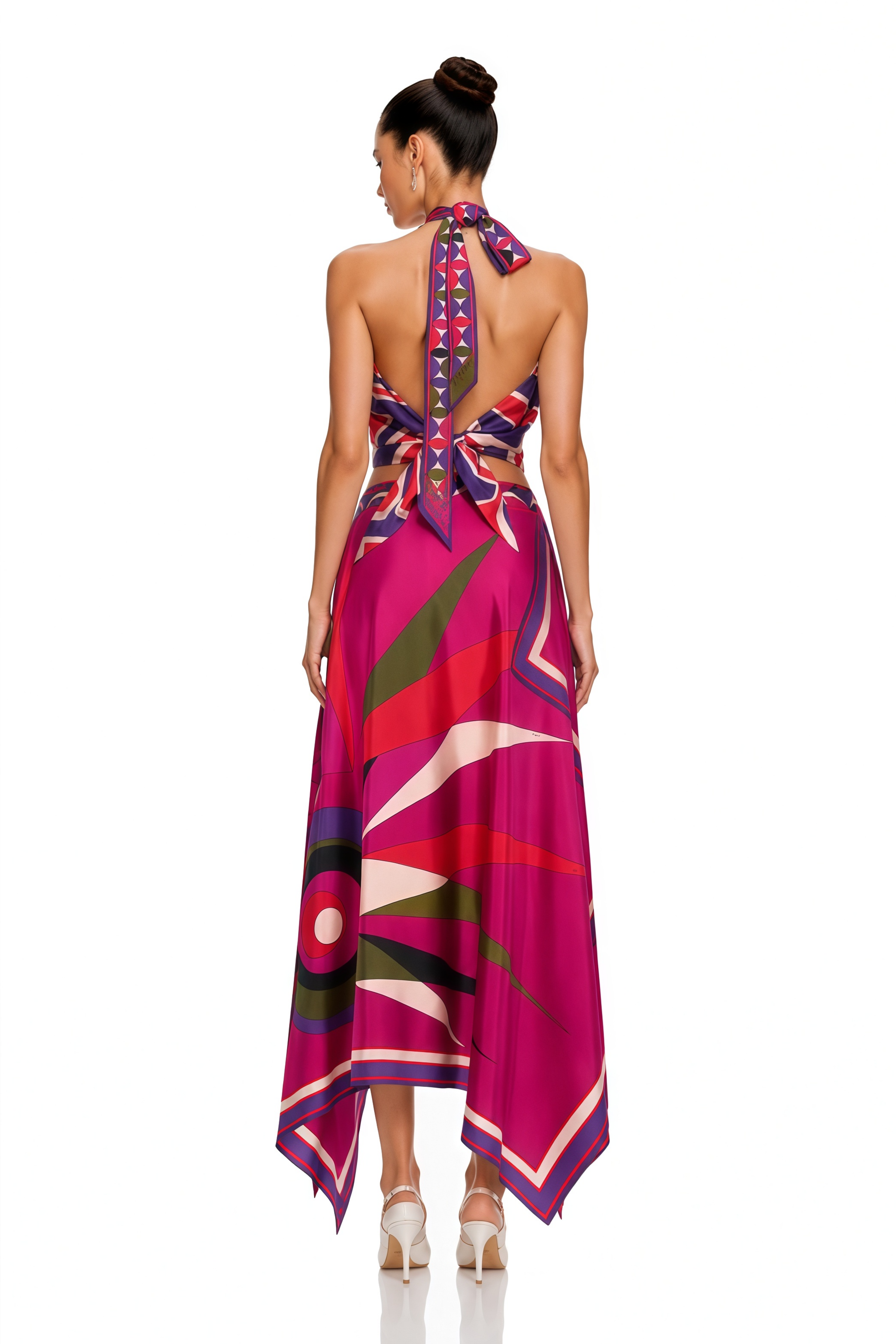 Yvette Fuchsia Abstract Print Halterneck Crop Top & Skirt Set