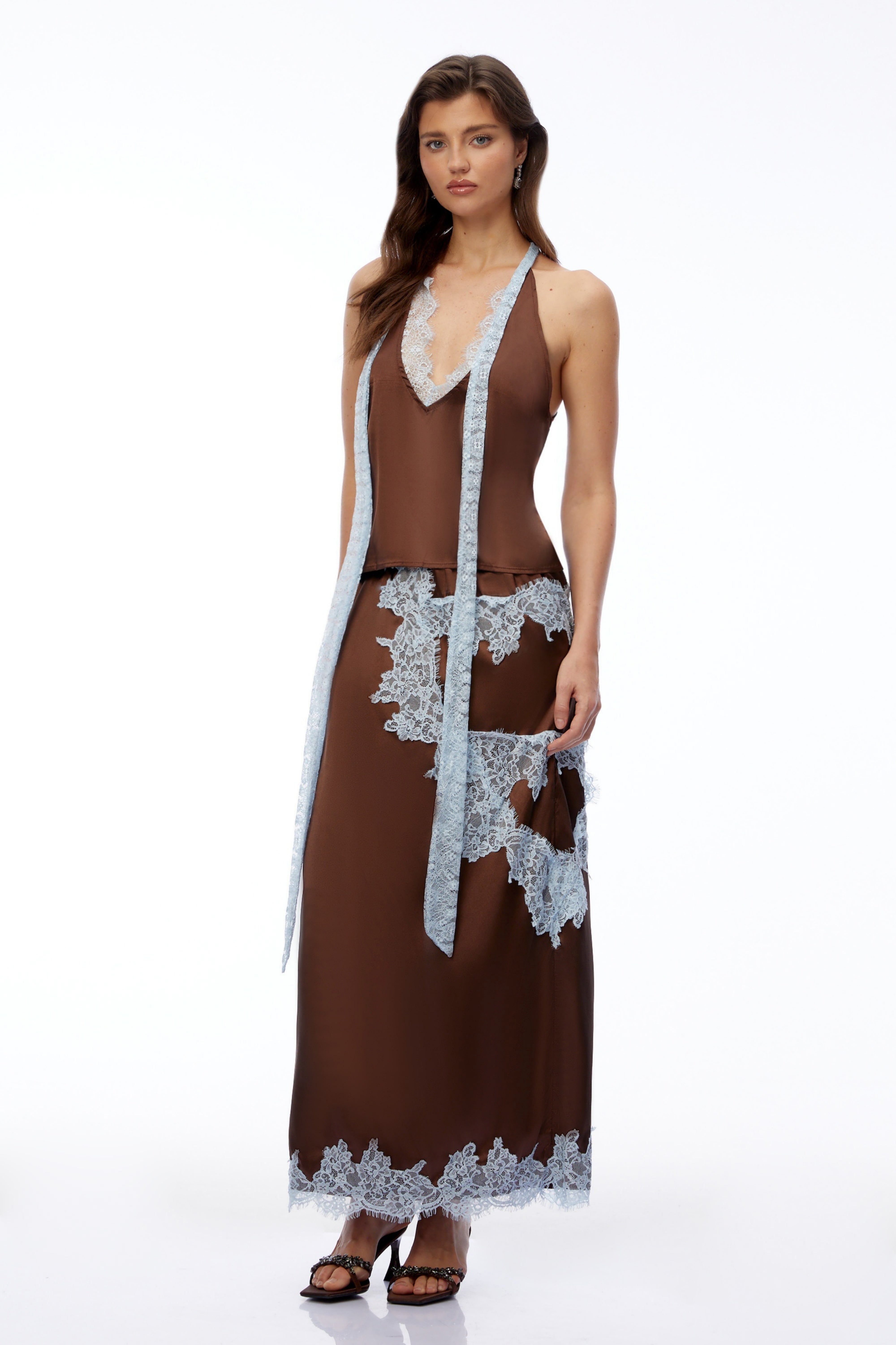 Zenobia Chocolate Brown V-Neck Top & Skirt Set with Lace Trim
