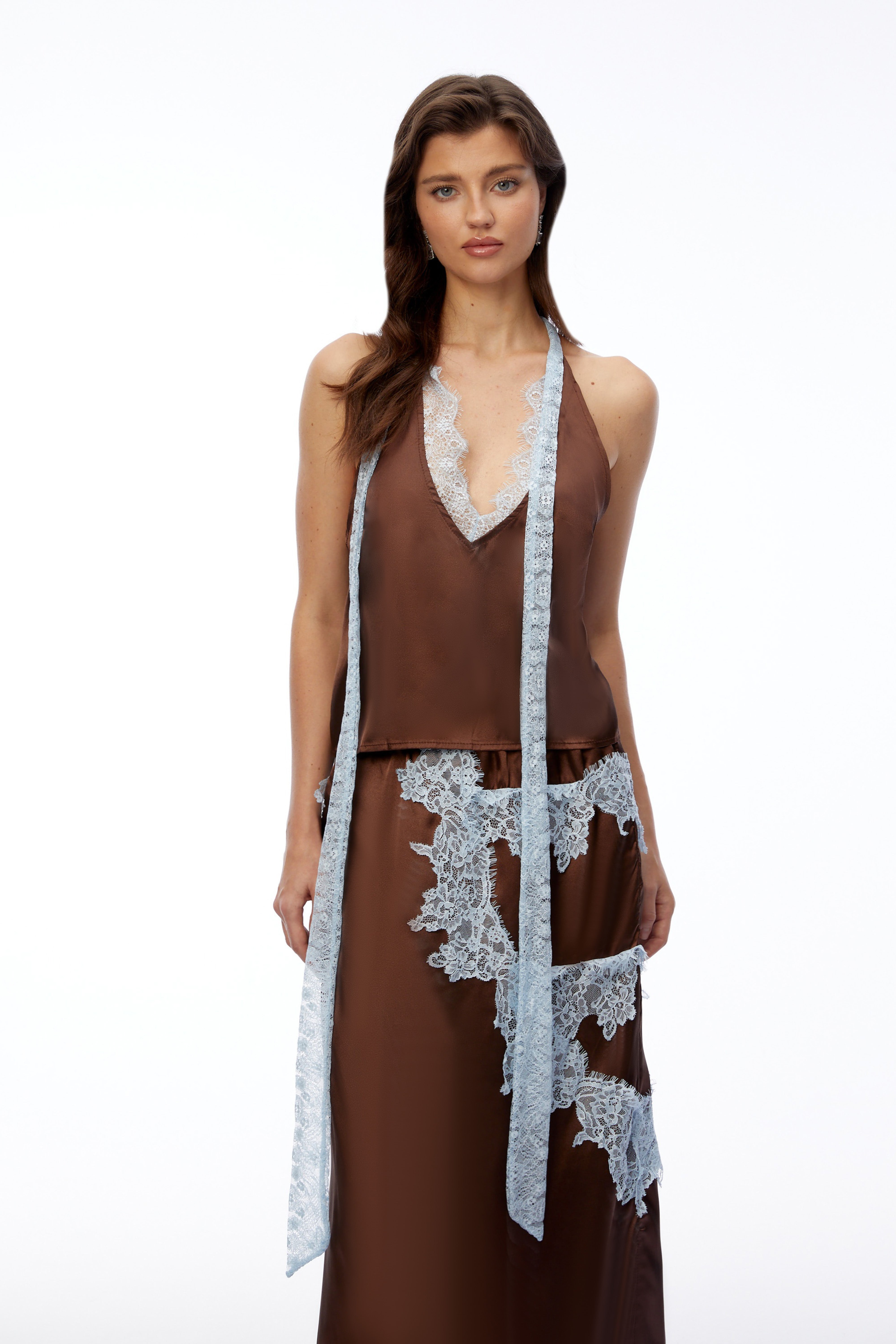 Zenobia Chocolate Brown V-Neck Top & Skirt Set with Lace Trim