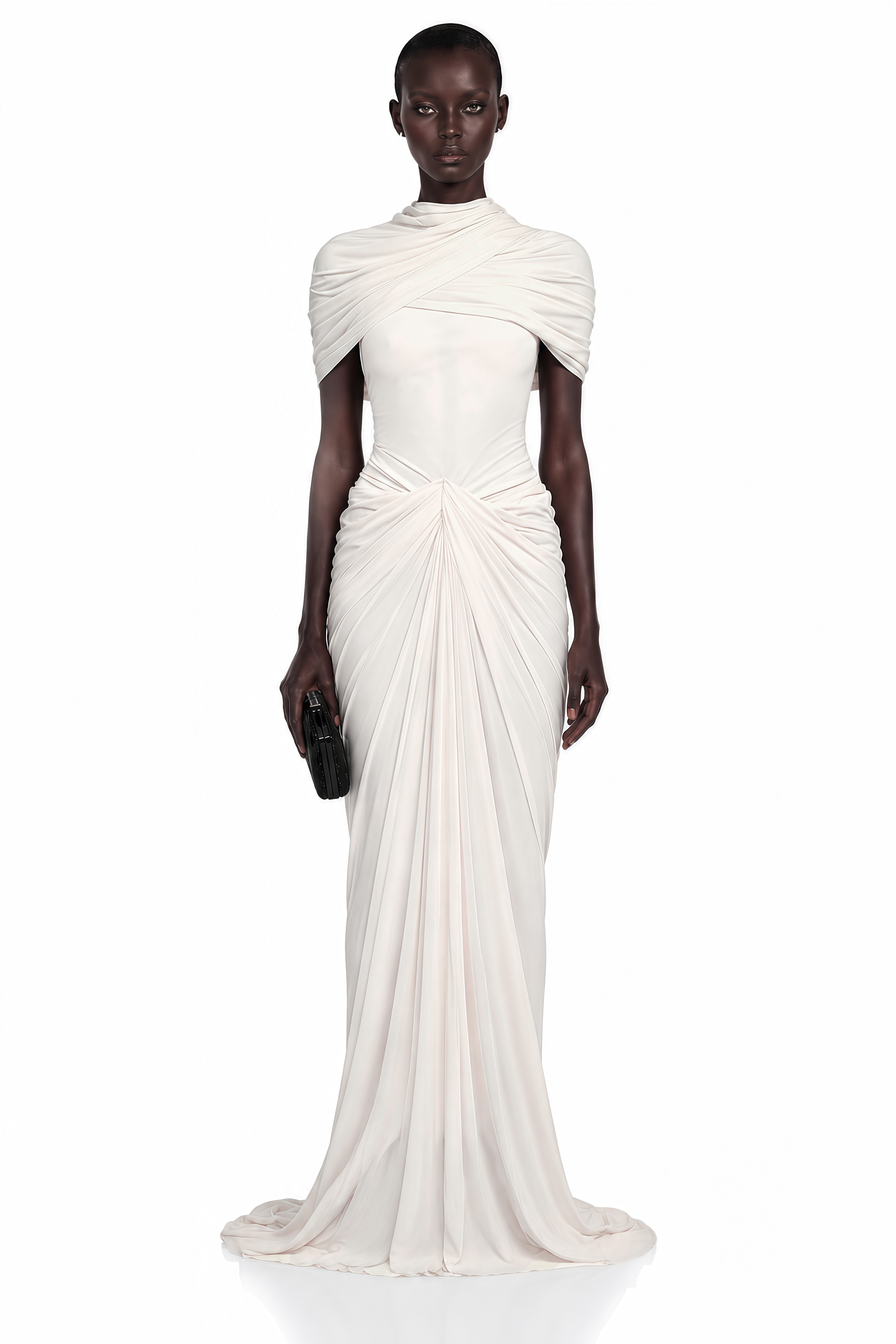 Zeynep White Ruched Maxi Dress with Cape Sleeves