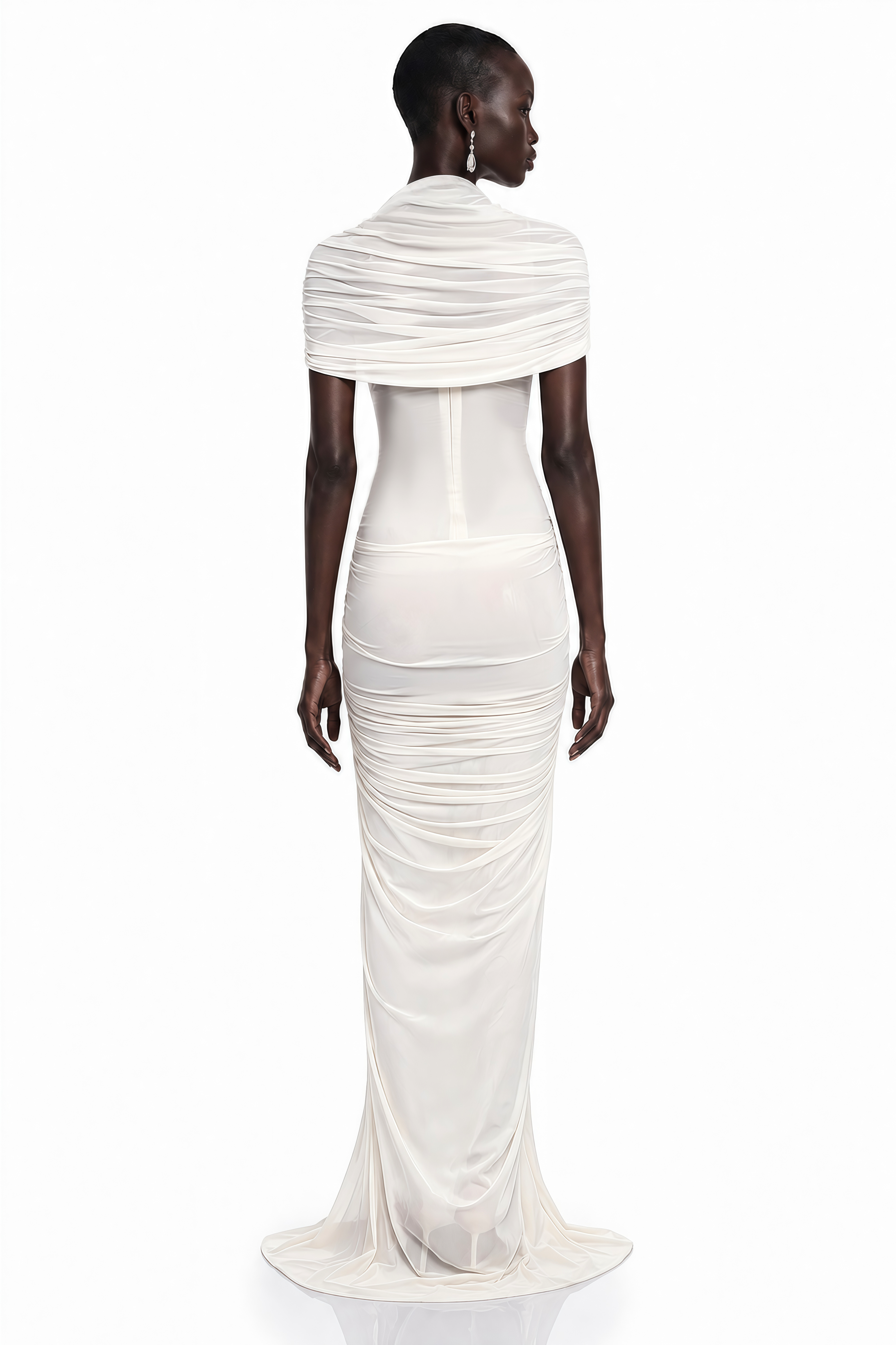 Zeynep White Ruched Maxi Dress with Cape Sleeves