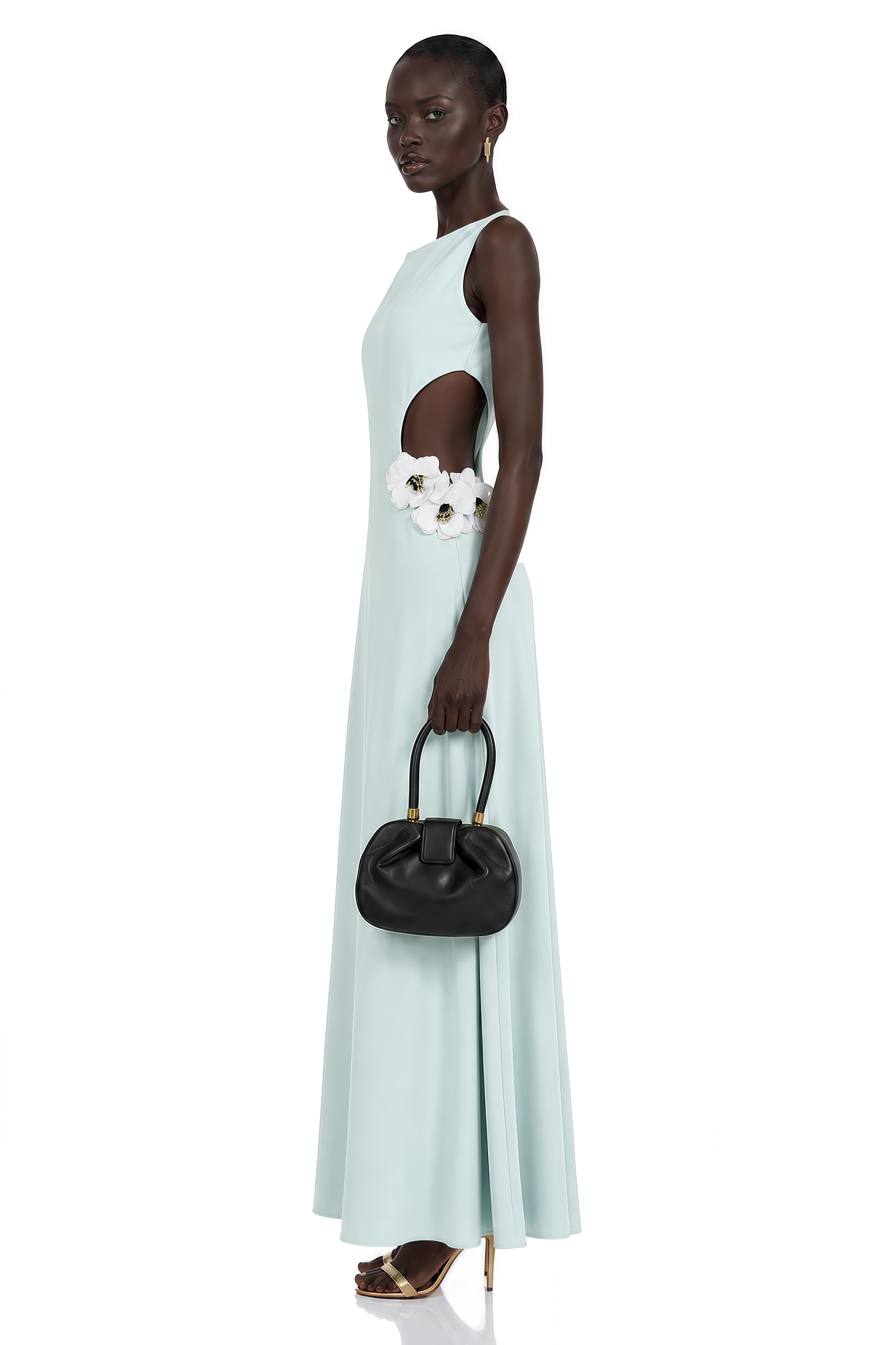 Robe longue verte à découpes Zinnia avec pétales en 3D