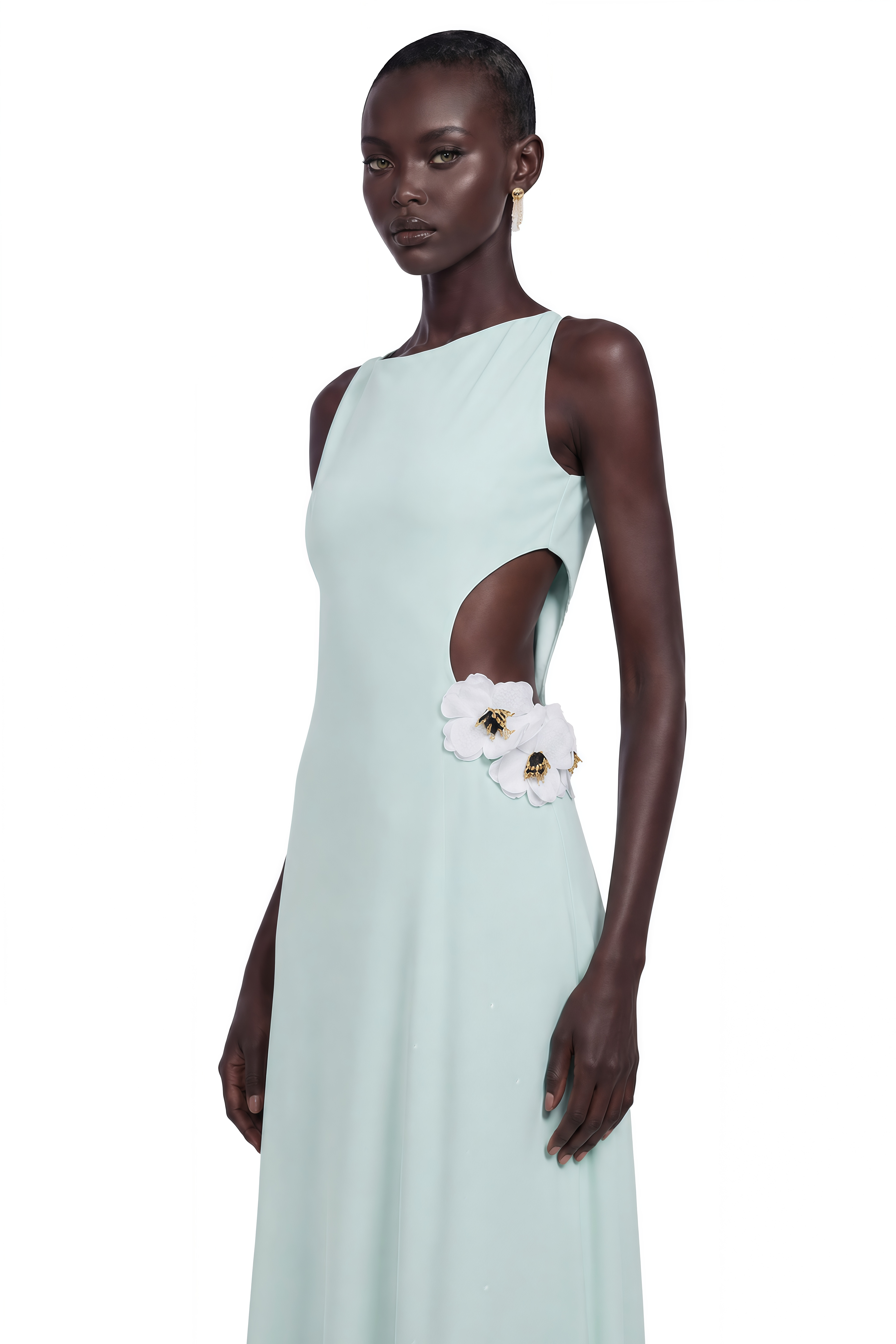 Robe longue verte à découpes Zinnia avec pétales en 3D