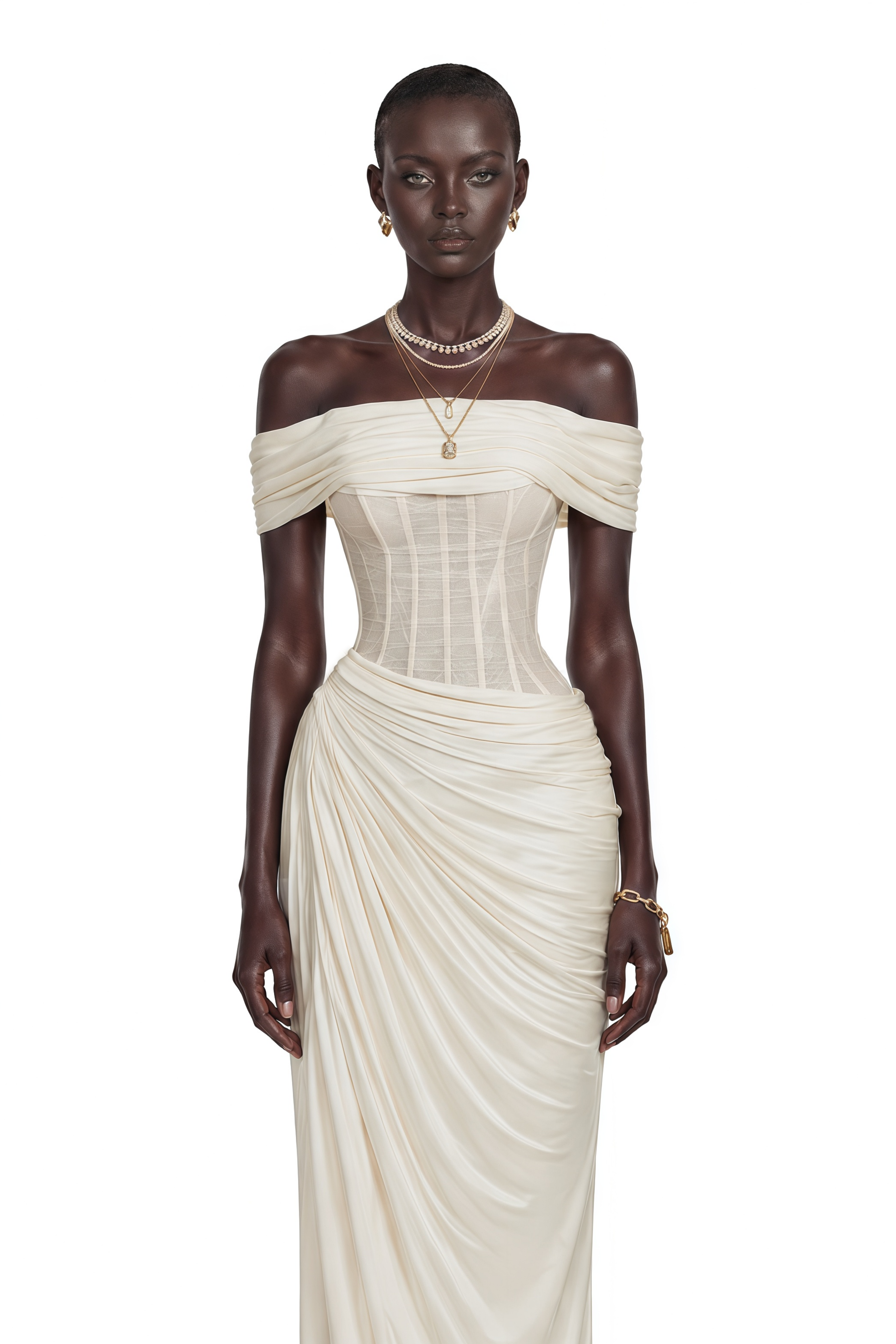 Zinnia White Off Shoulder Ruched Corset Maxi Dress