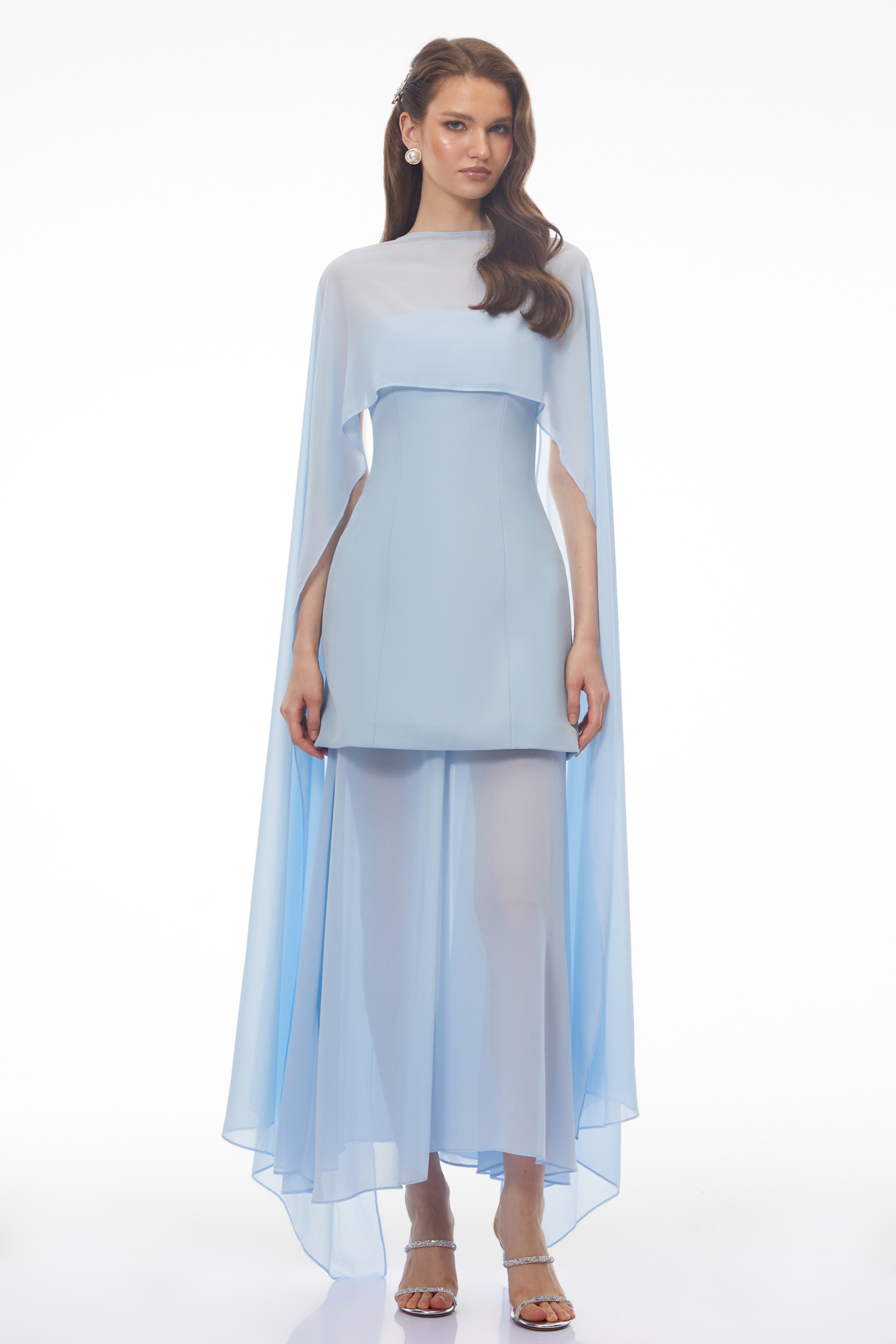 Zoe Blue Chiffon Cape Maxi Dress