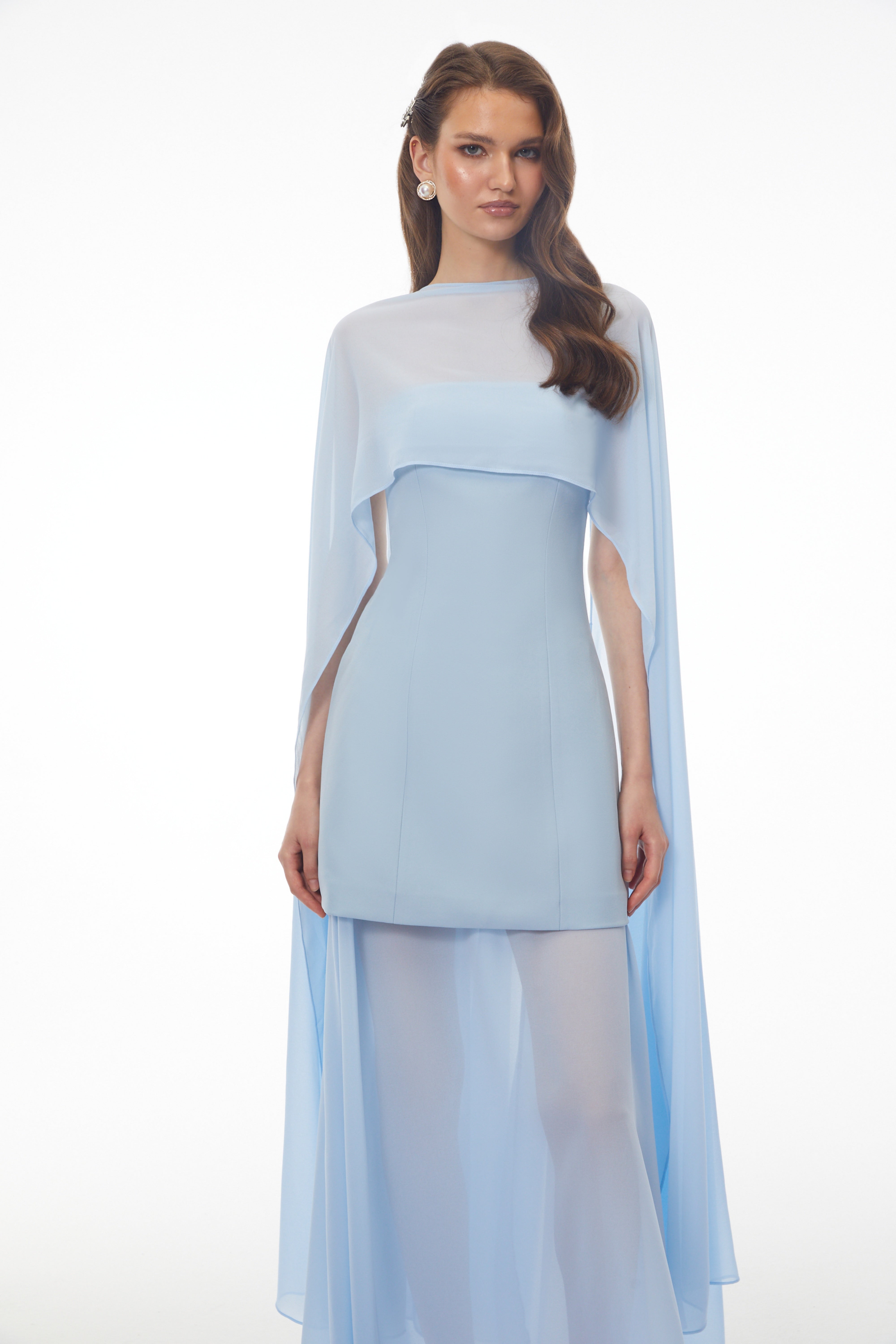 Zoe Blue Chiffon Cape Maxi Dress