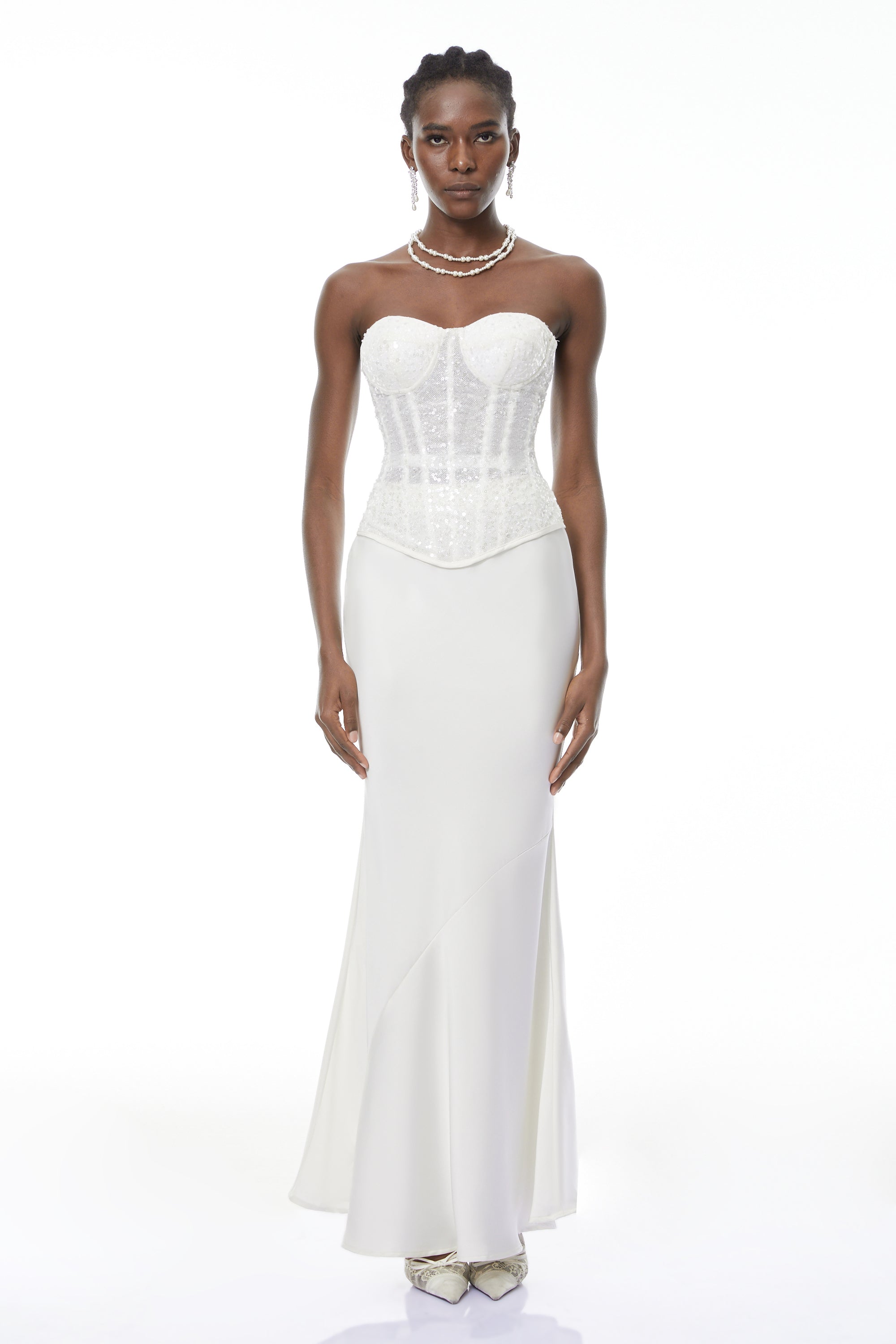 Zora White Sequin Corset Top & Satin Skirt Set