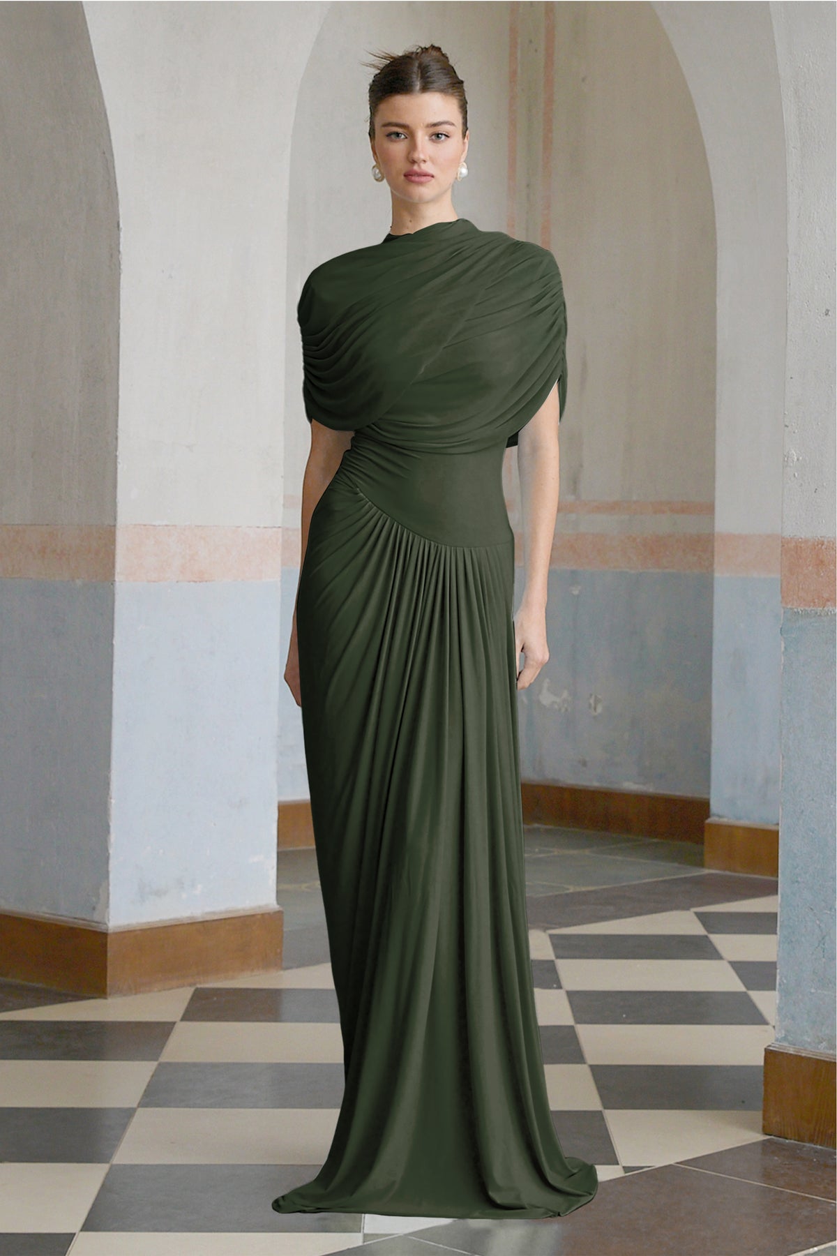 Carelle | Green Satin Plunge-Neck Maxi Dress With Asymmetric Drop-Waist