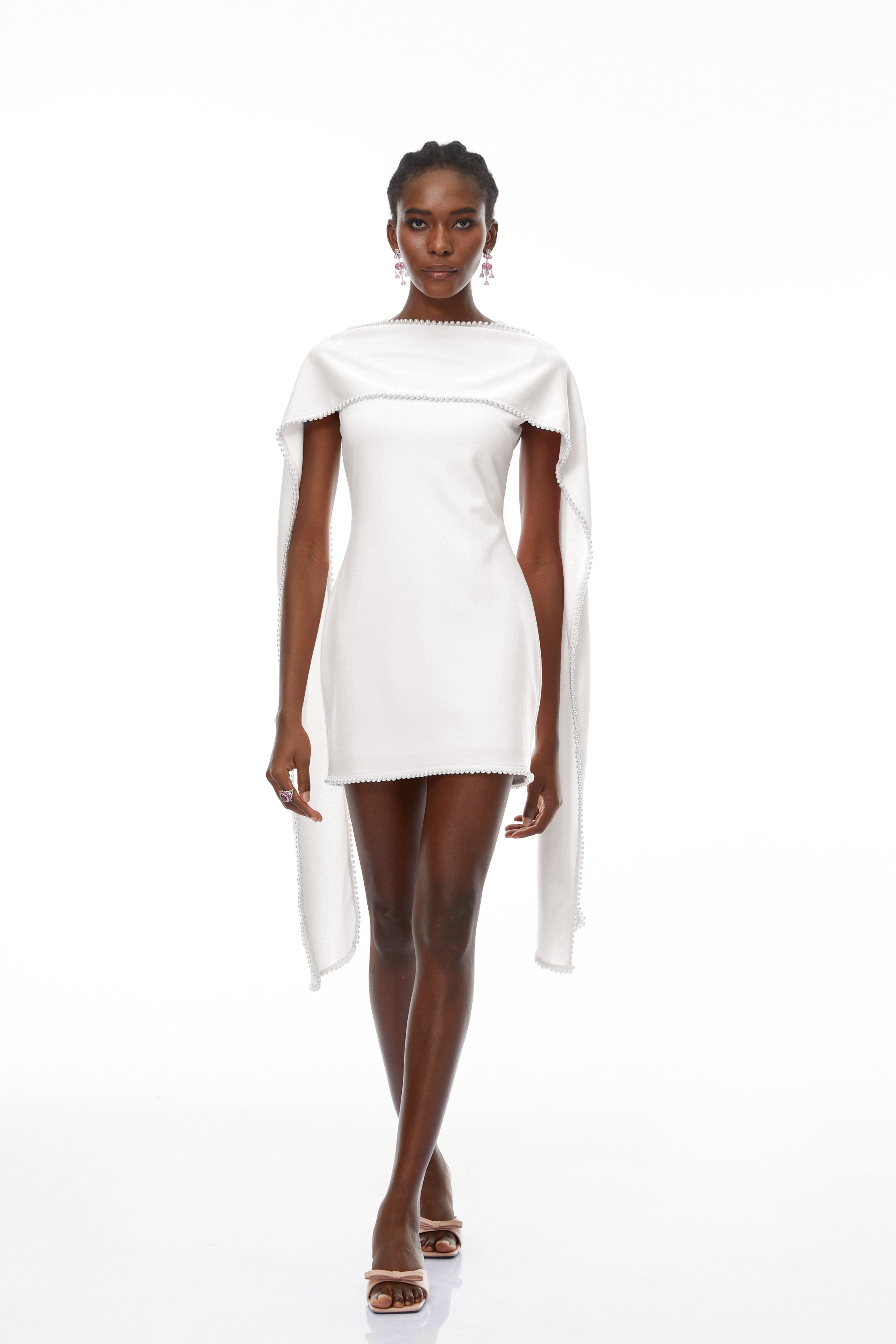 Piroska White Sleeveless Pearl Trim Mini Dress