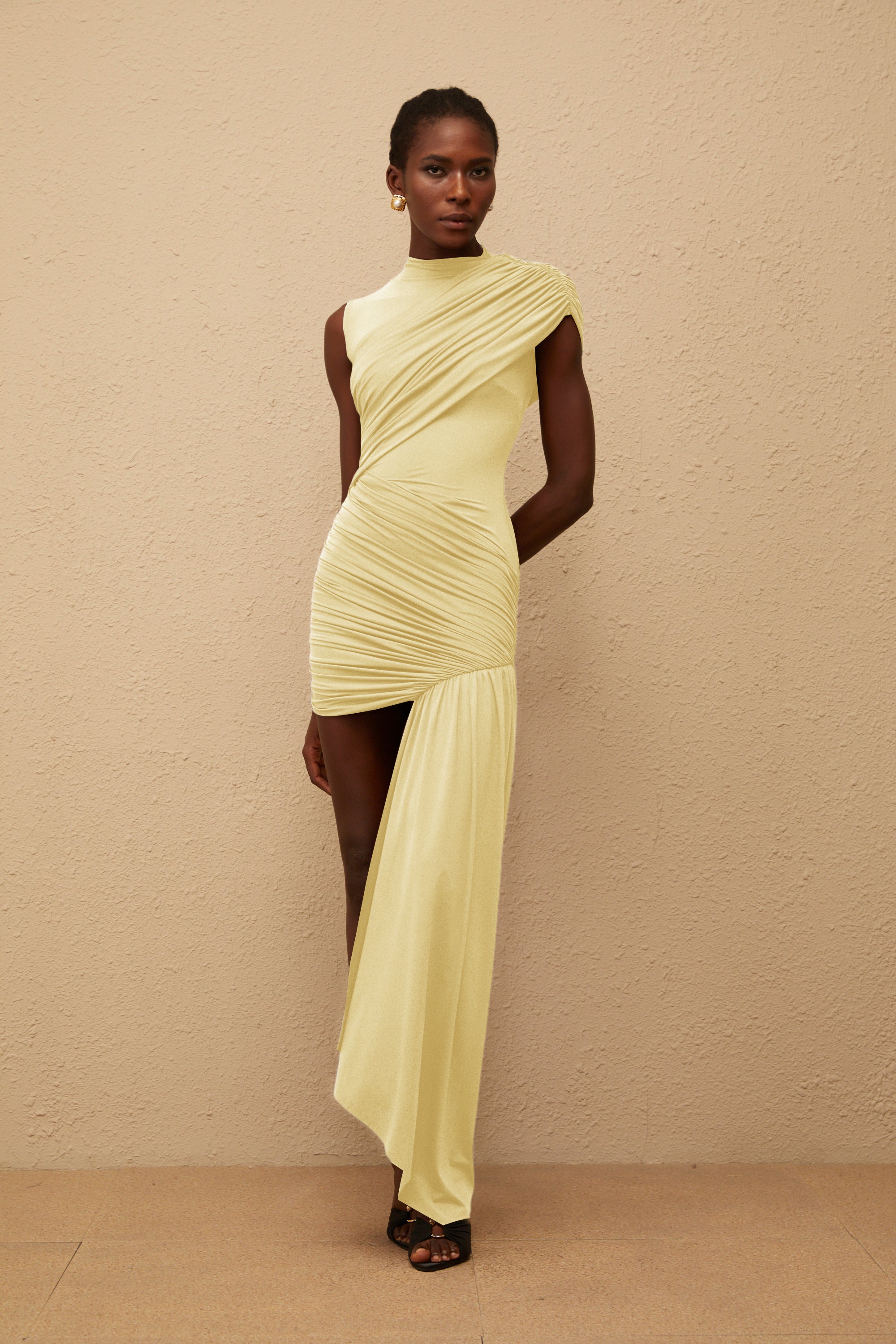 Fée Yellow Asymmetrical Ruched Mini Dress