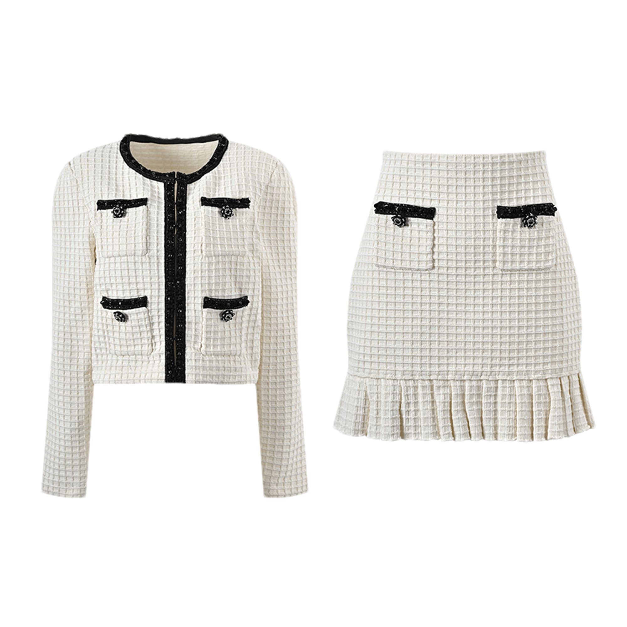 Audrey white waffle-knit jacket & skirt matching set