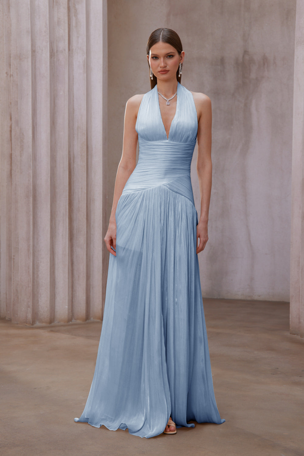 Térébenthine Blue Glossy Gathered Maxi Dress