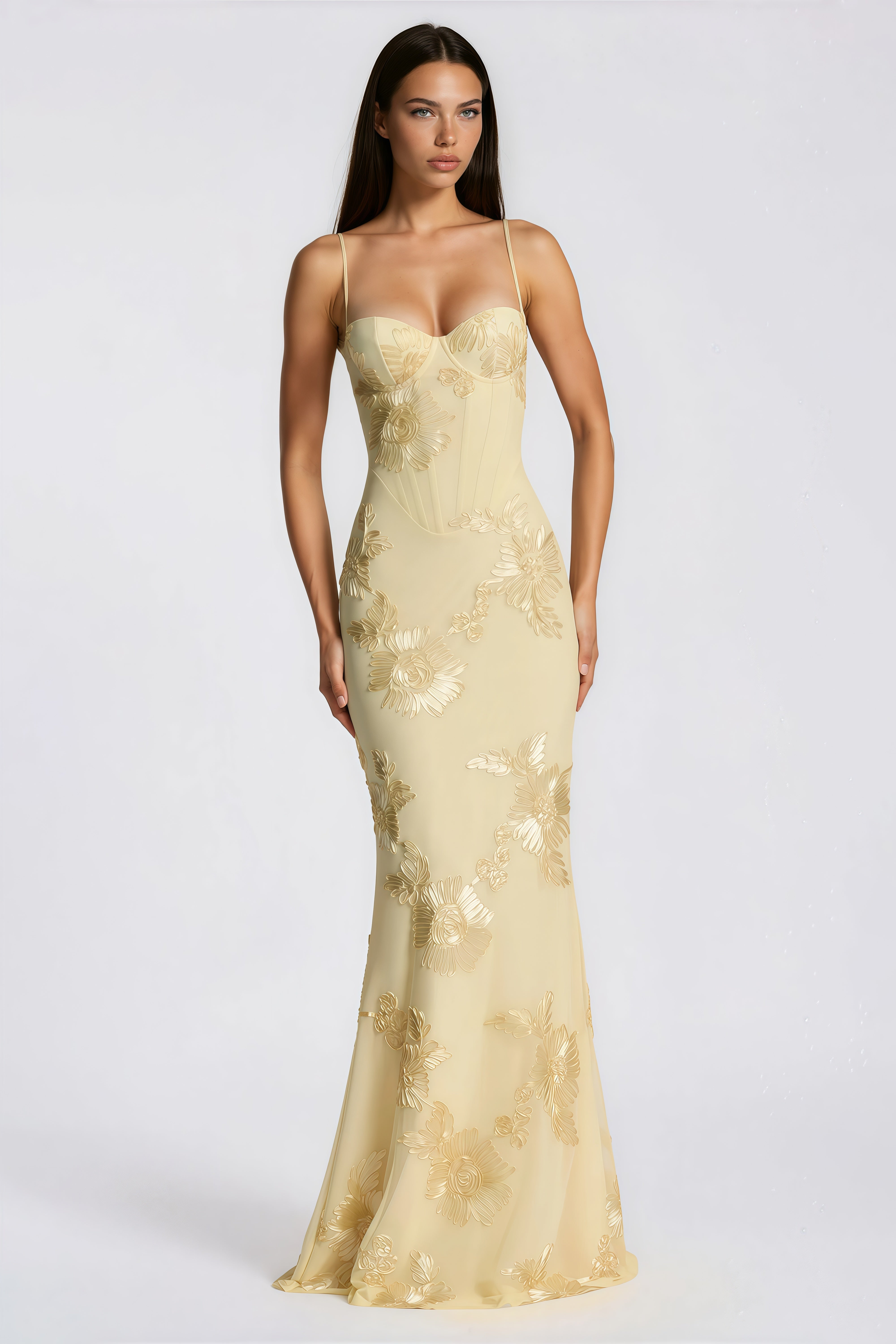 Théoline Yellow Floral Appliqué Corset Maxi Dress