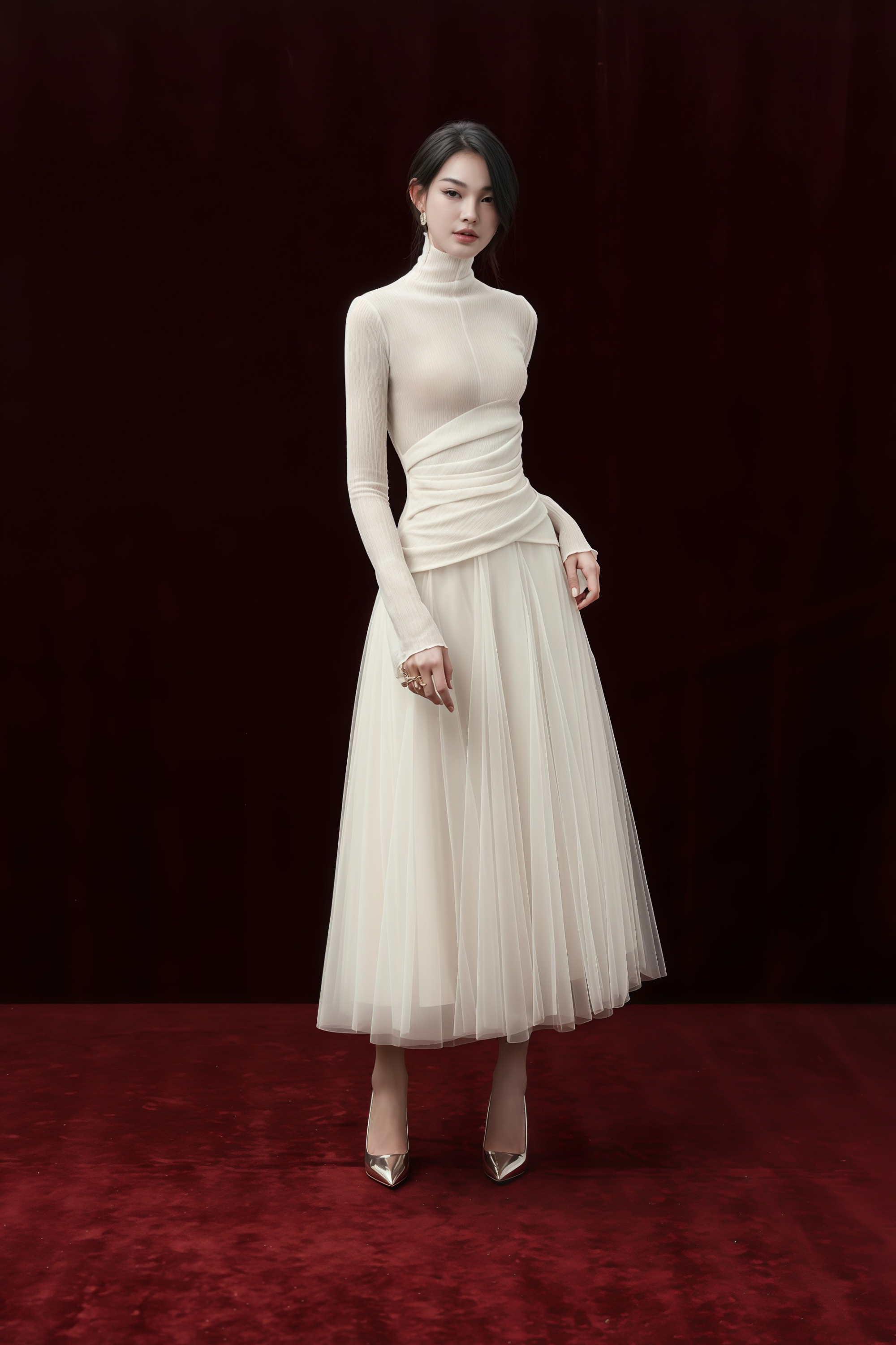 فستان ماكسي محبوك من قماش التول بلون أبيض فاتح من لارك