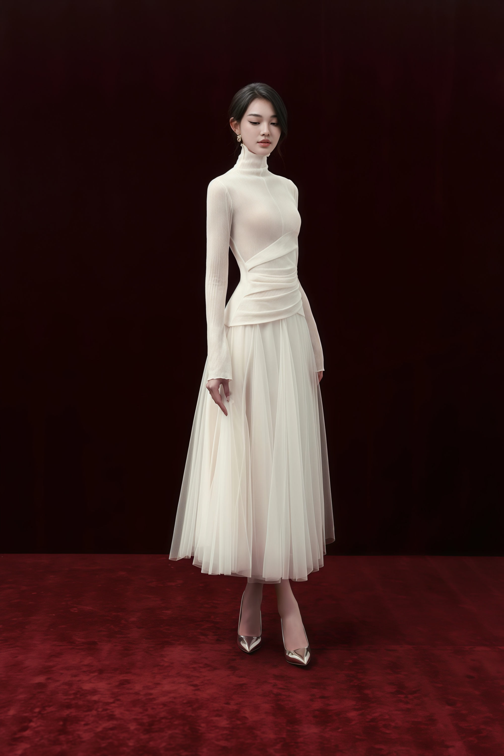 Langes Strickkleid mit Tüll-Einsatz in Weiß von Lark