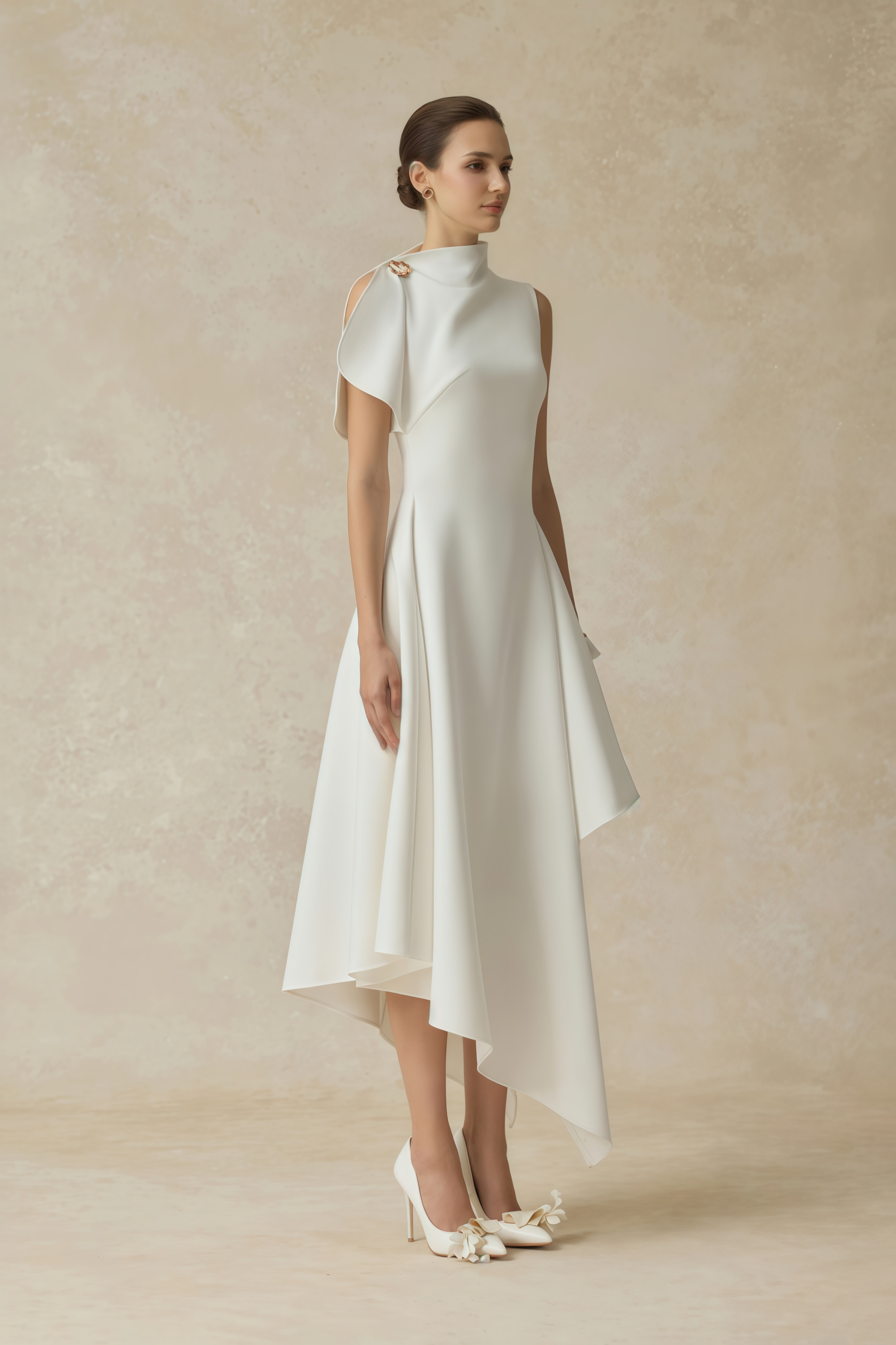 Liana White Asymmetrical Flared Midi Dress