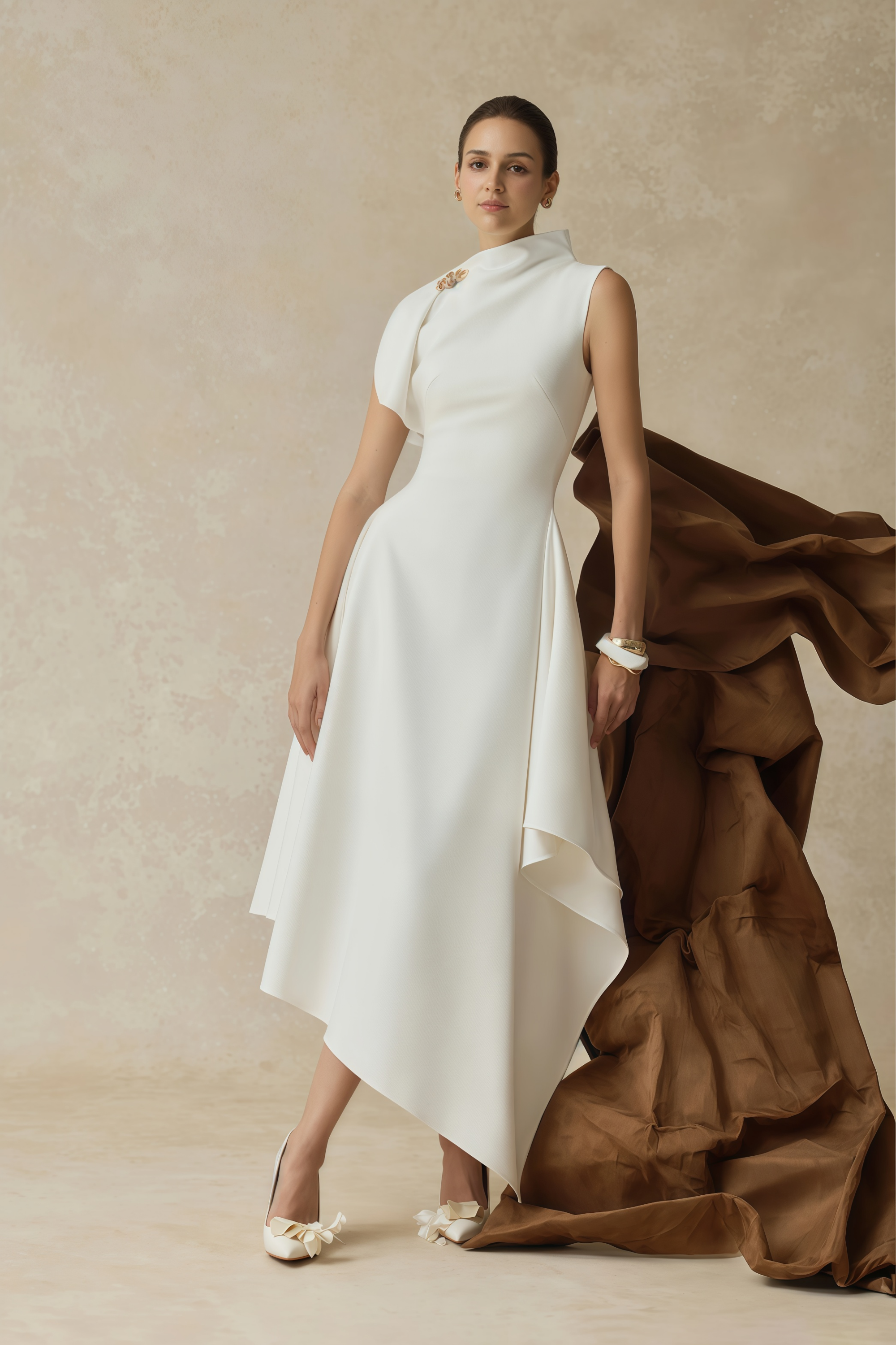 Liana White Asymmetrical Flared Midi Dress