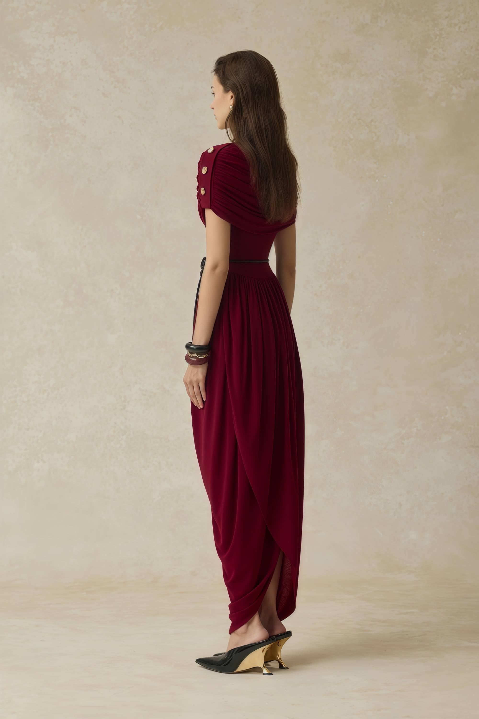Gianna Burgundy Shawl Design Draped Maxi Dress