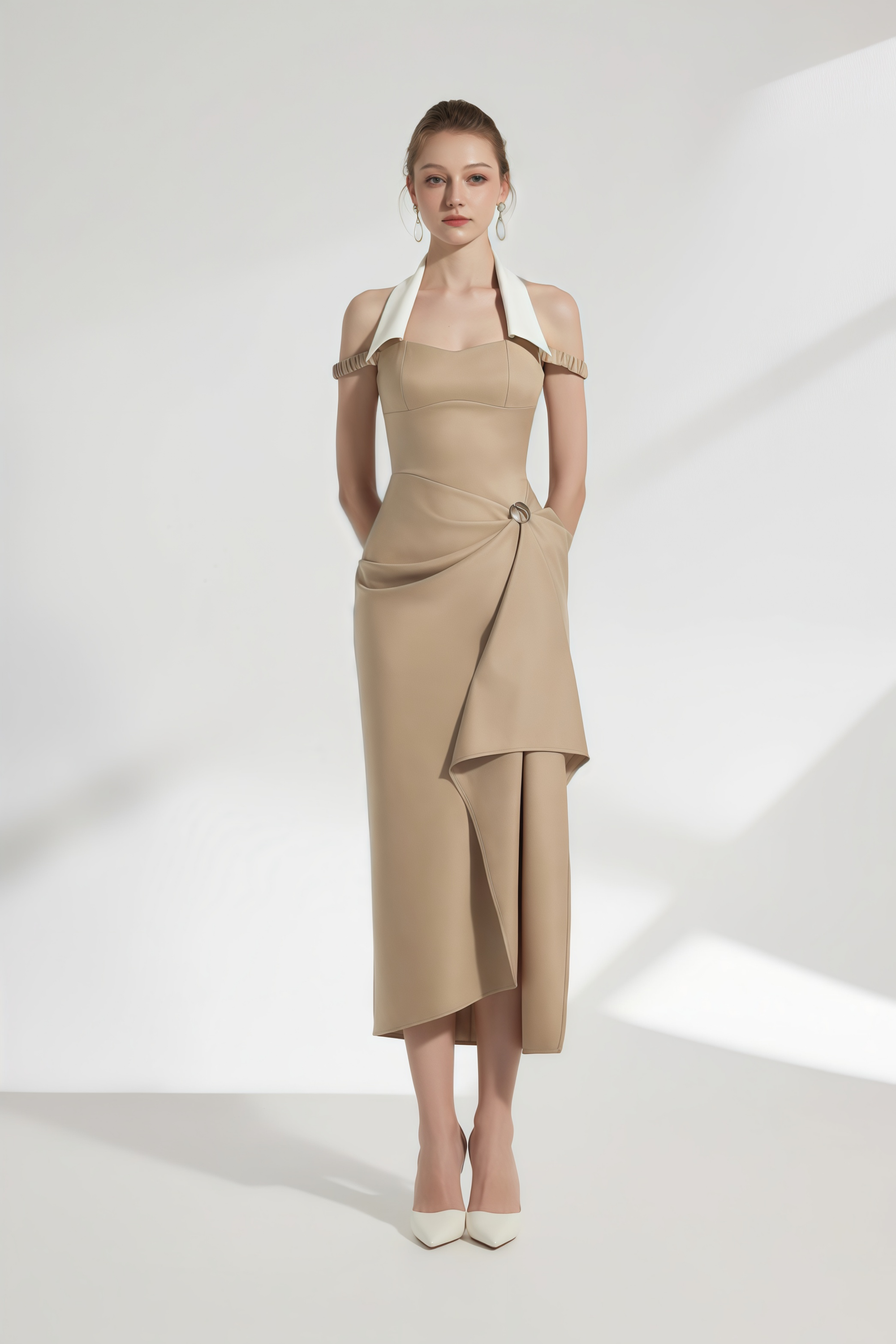 Kaelin Khaki Halterneck Asymmetrical Gathered Midi Dress