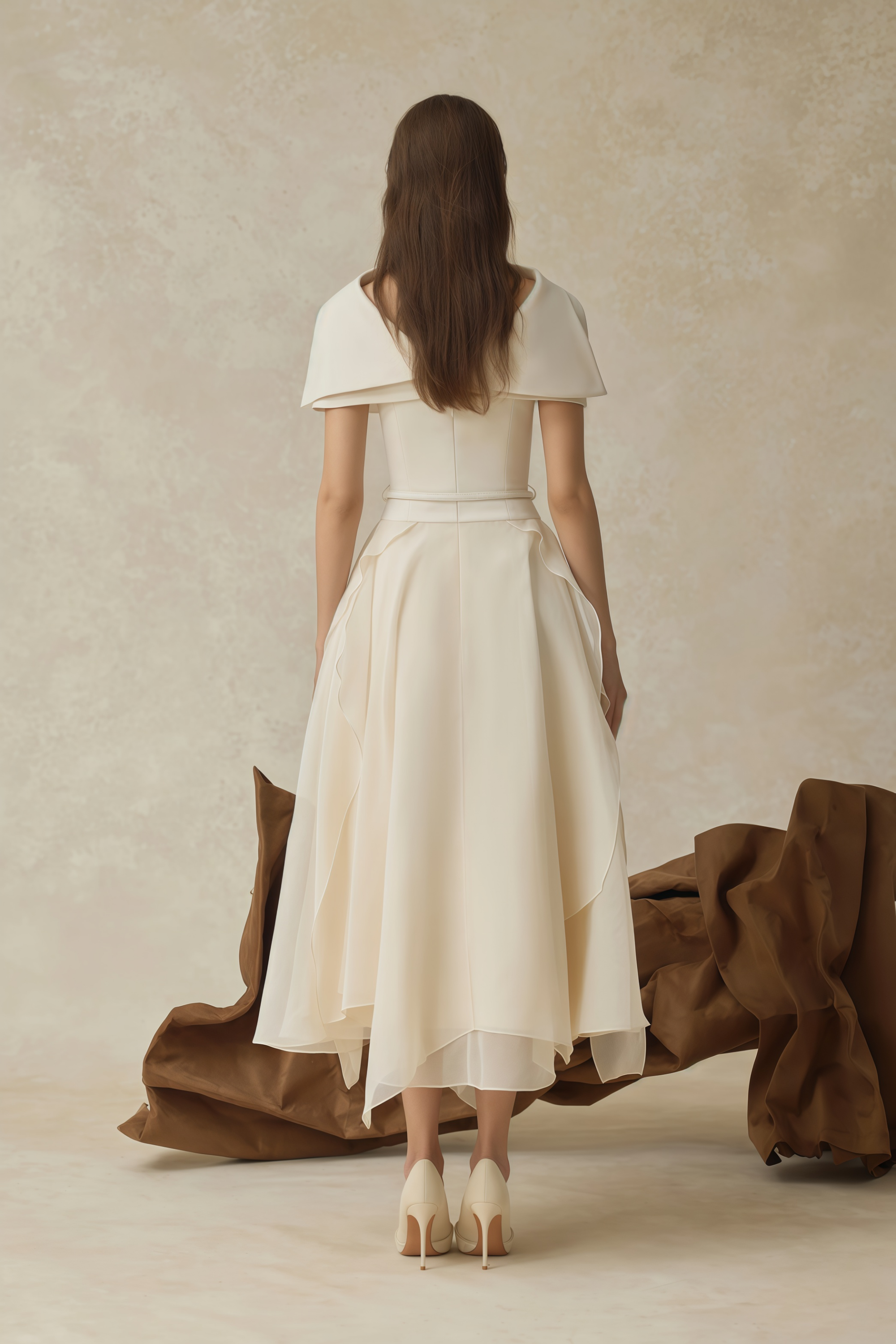 طقم فستان أريا أبيض غير متماثل مع شال وألواح من التول