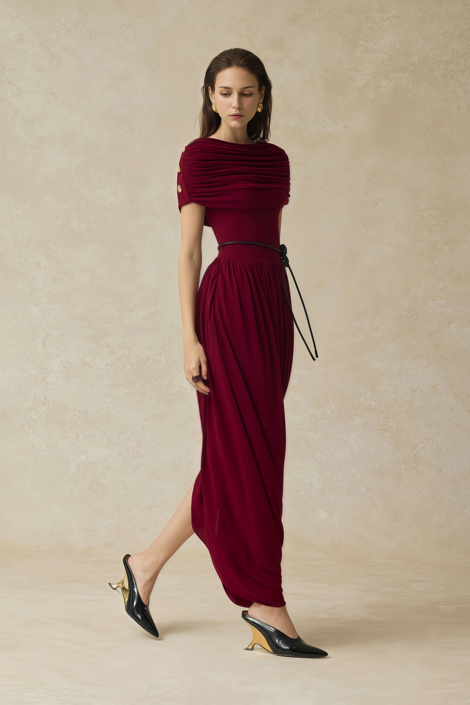 Gianna Burgundy Shawl Design Draped Maxi Dress