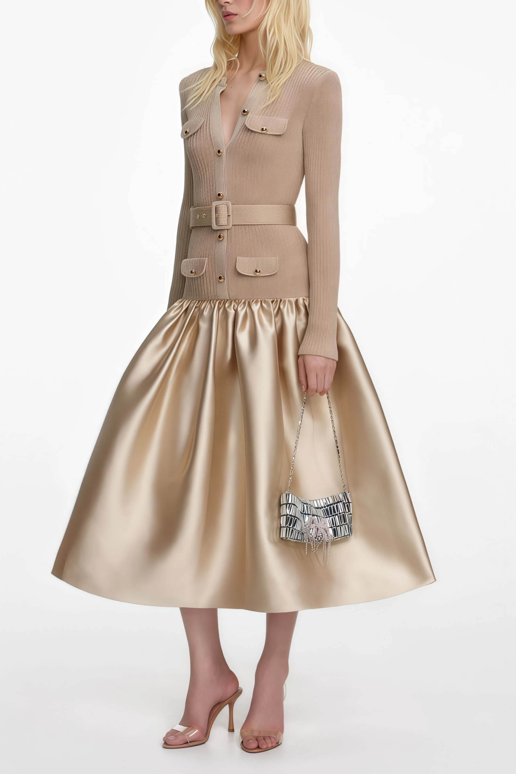 Fern Gold Satin Panel Knit Midi Dress