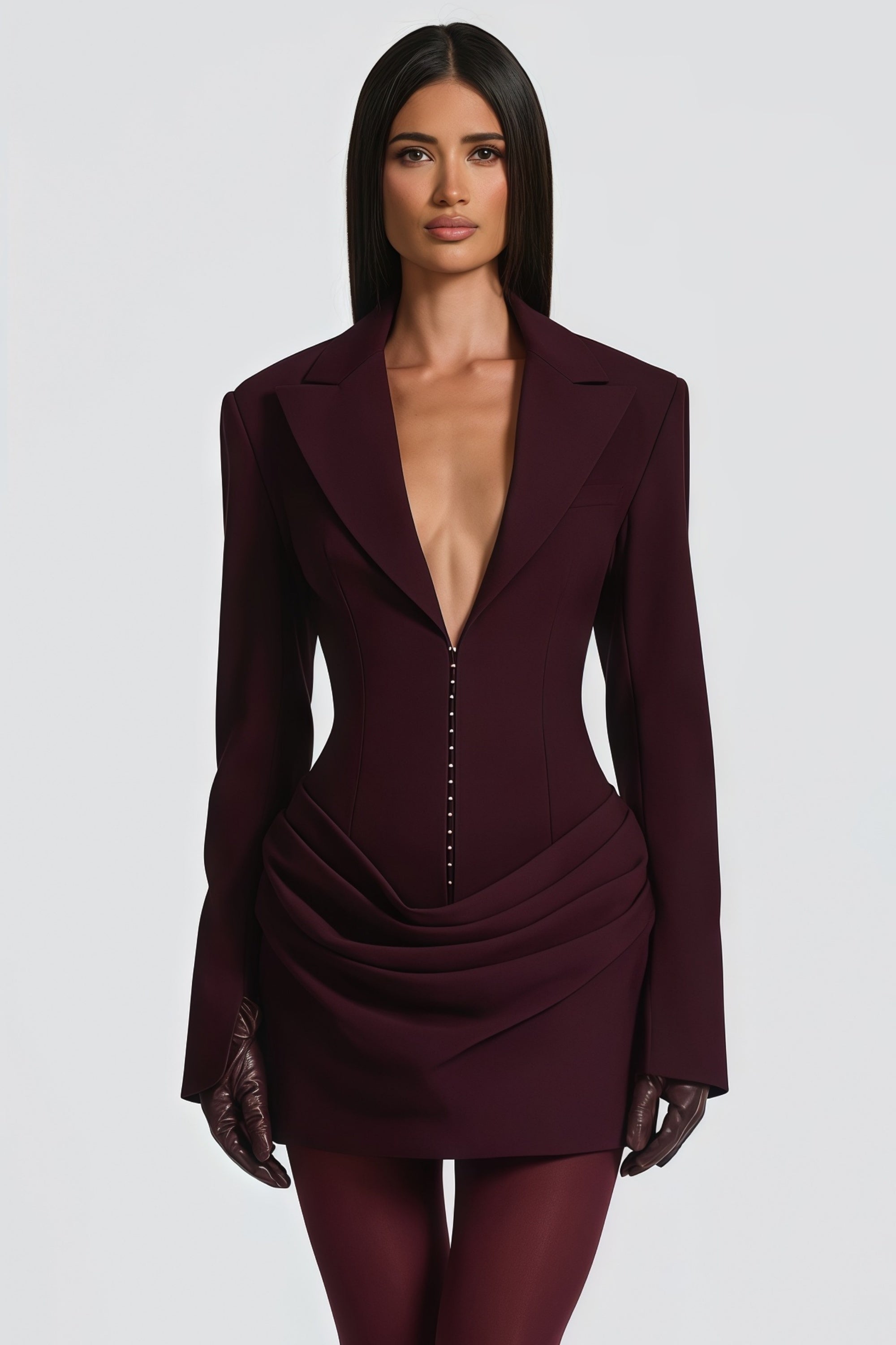 Rosette Burgundy Ruched Blazer Mini Dress