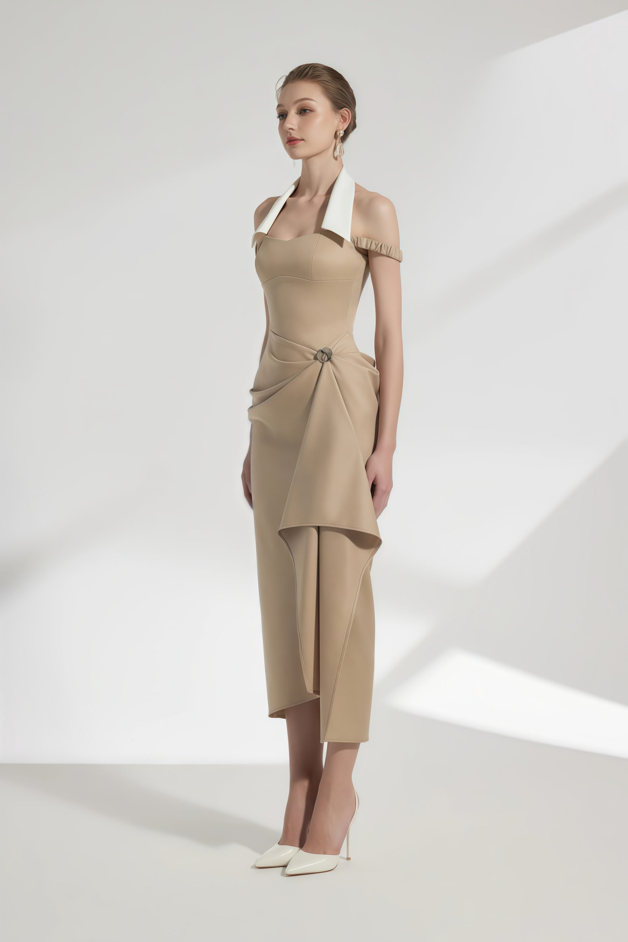 Kaelin Khaki Halterneck Asymmetrical Gathered Midi Dress