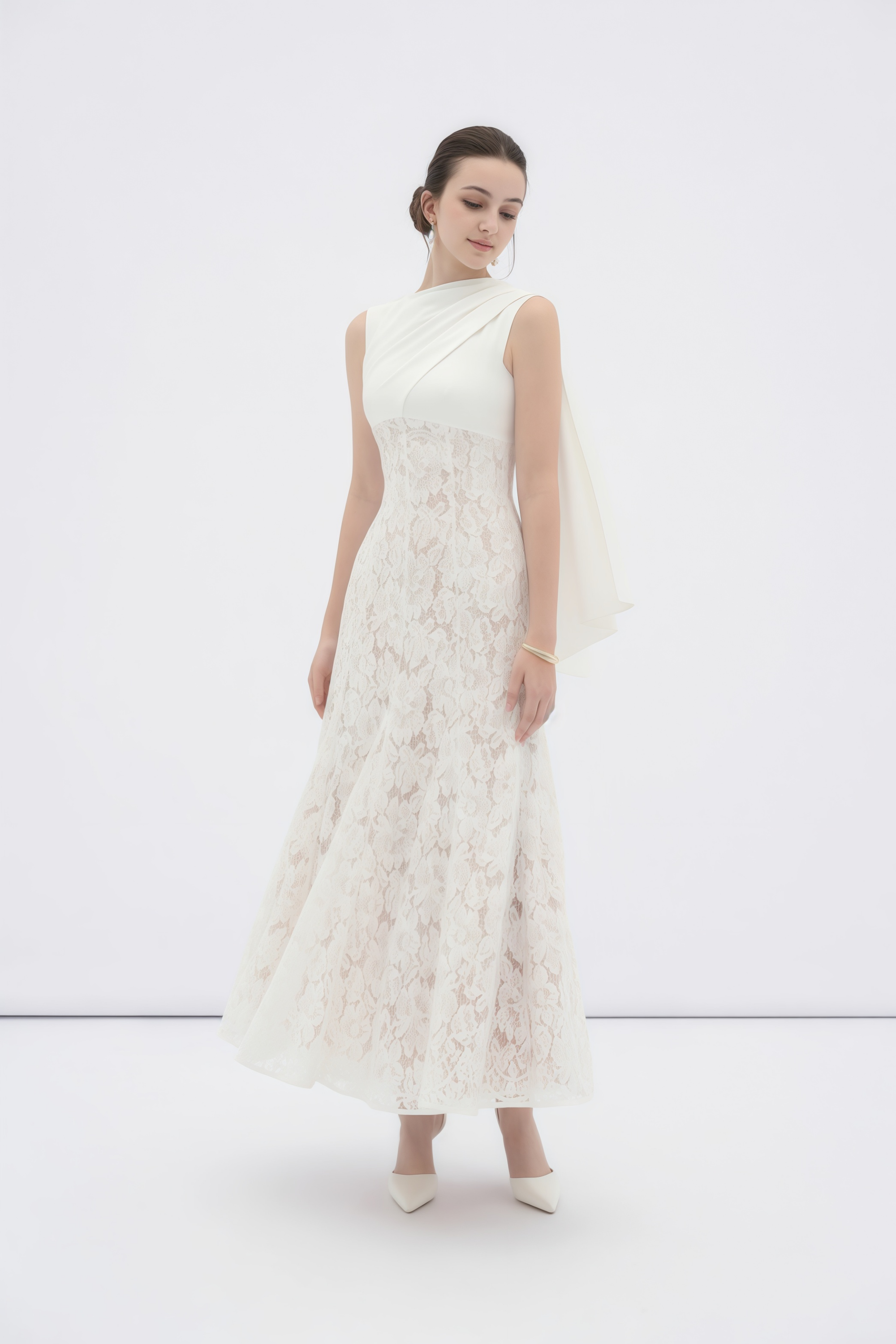 Marzia White Ribbon Detail Floral Lace Maxi Dress