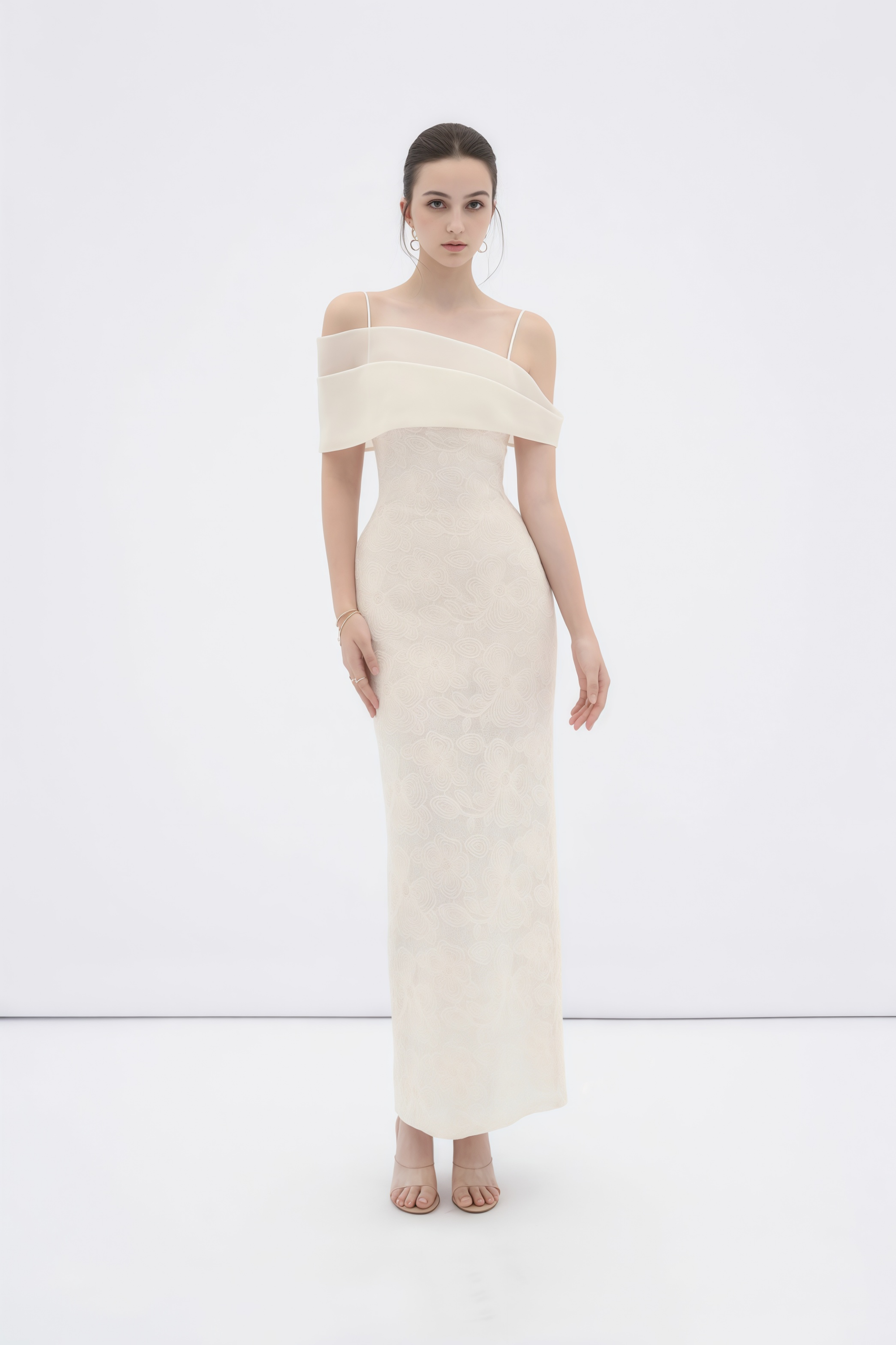 Ortensia Neutrales Blumenmuster-Spitzen-Bleistift-Maxikleid