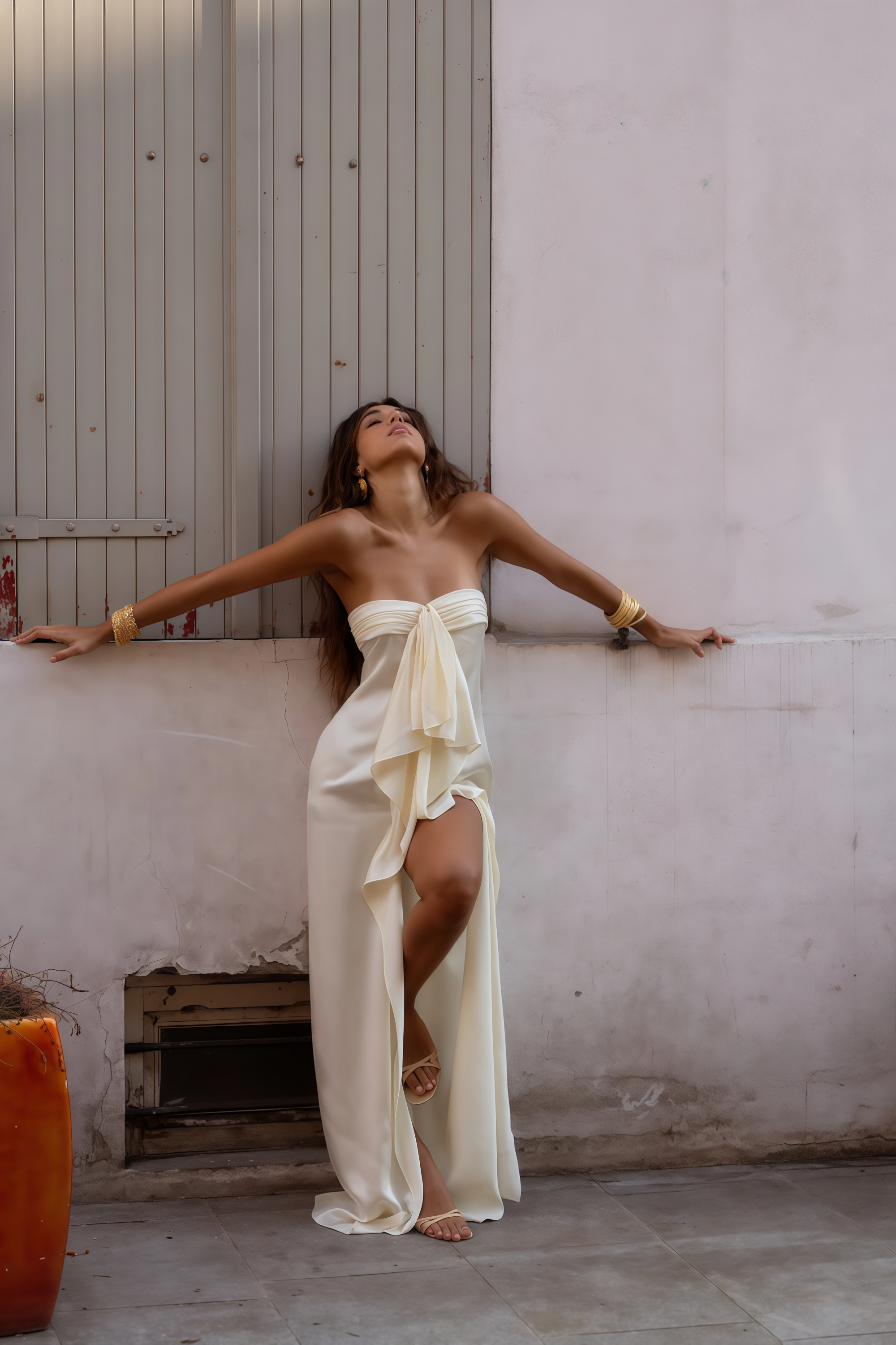 Lilla Beige Strapless Ruffled Satin Maxi Dress