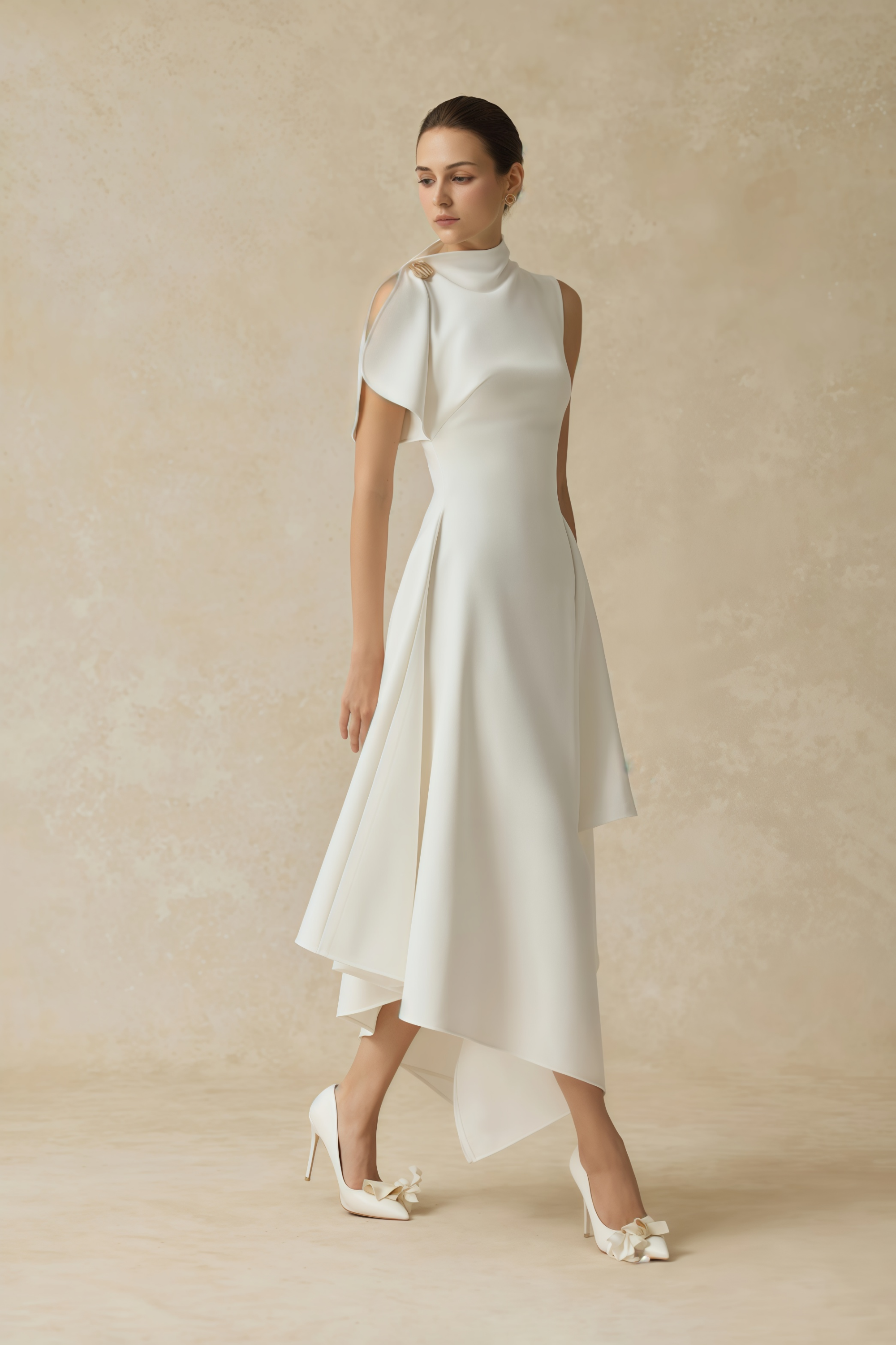Liana White Asymmetrical Flared Midi Dress