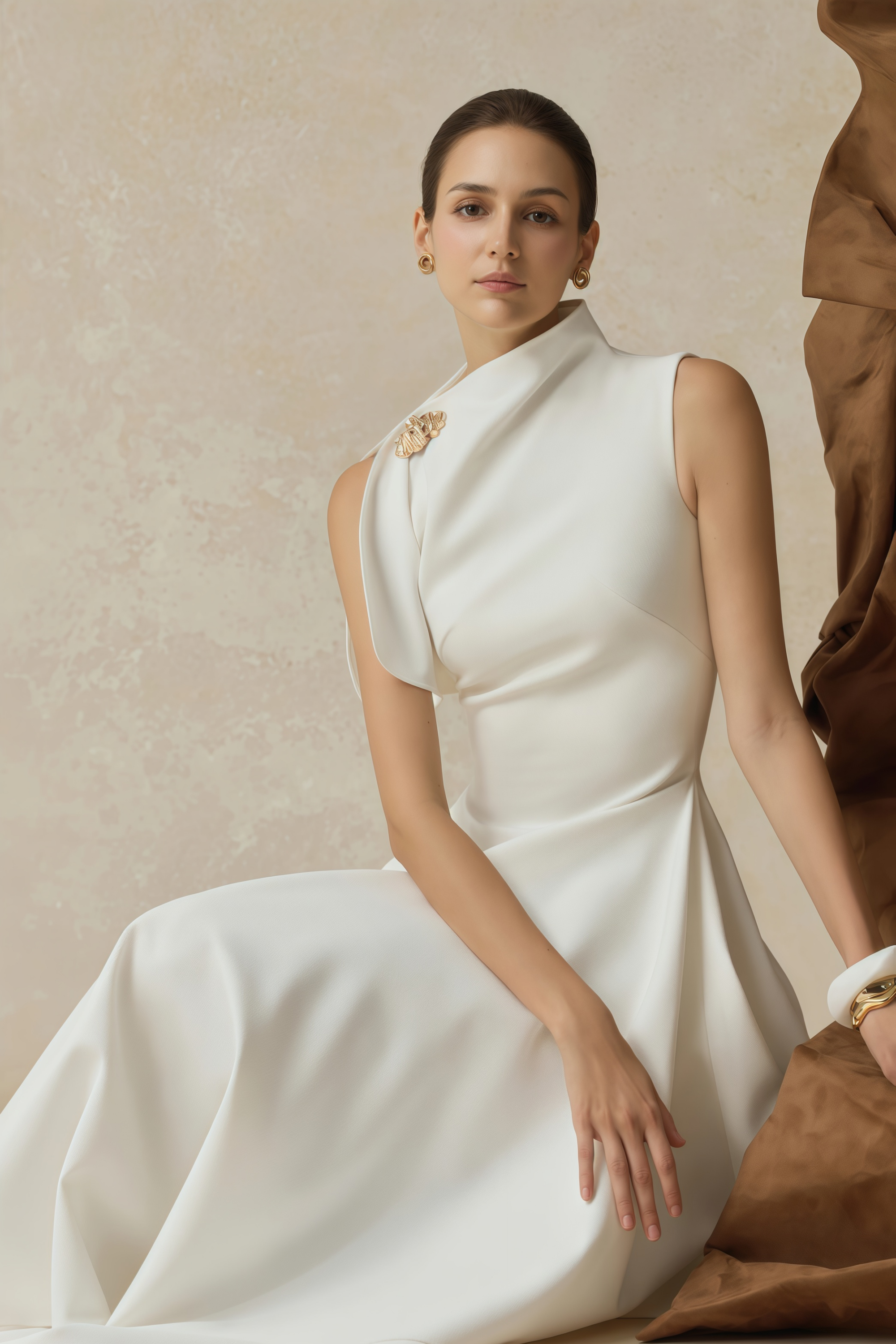 Liana White Asymmetrical Flared Midi Dress