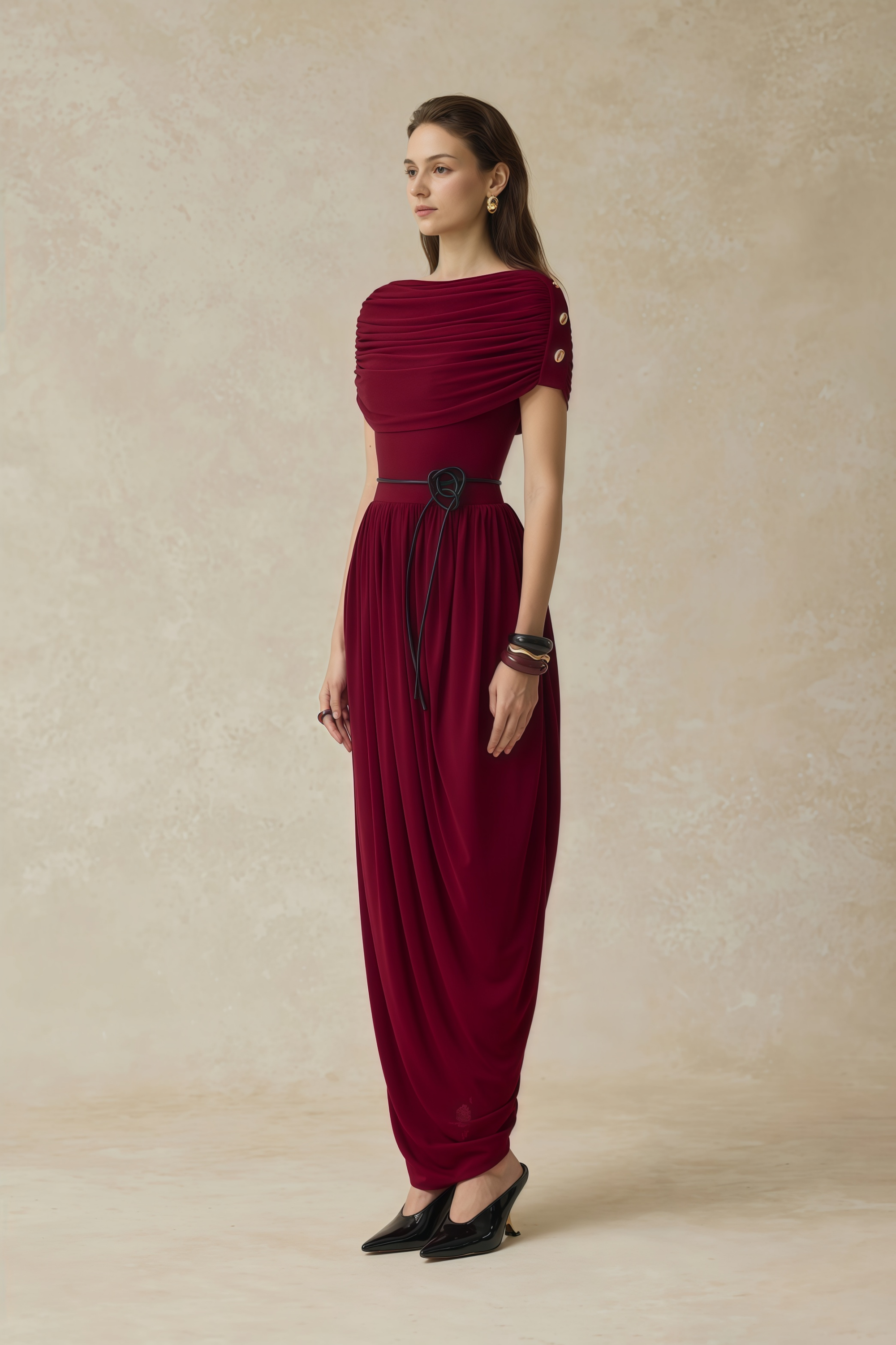 Gianna Burgundy Shawl Design Draped Maxi Dress