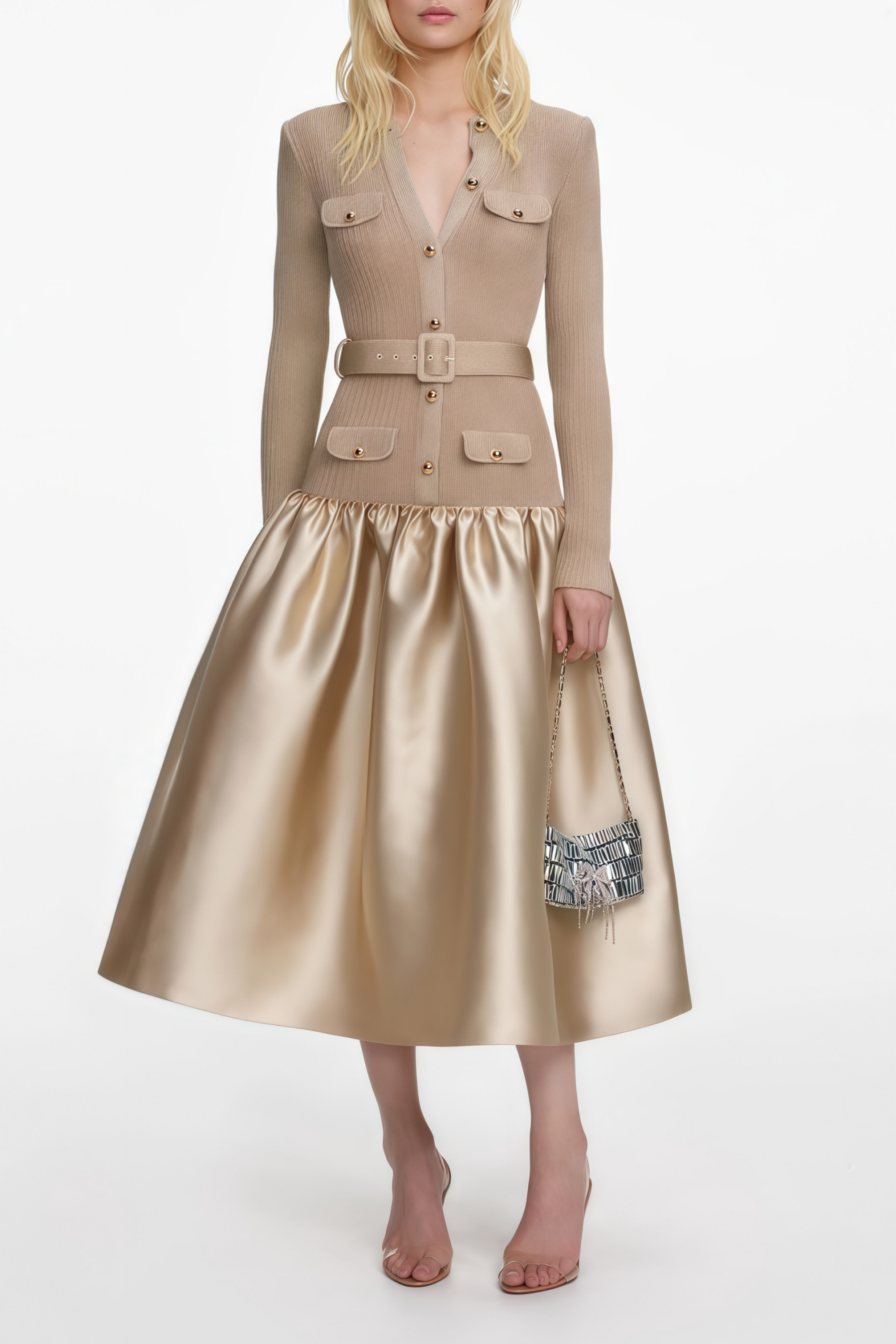 Fern Gold Satin Panel Knit Midi Dress