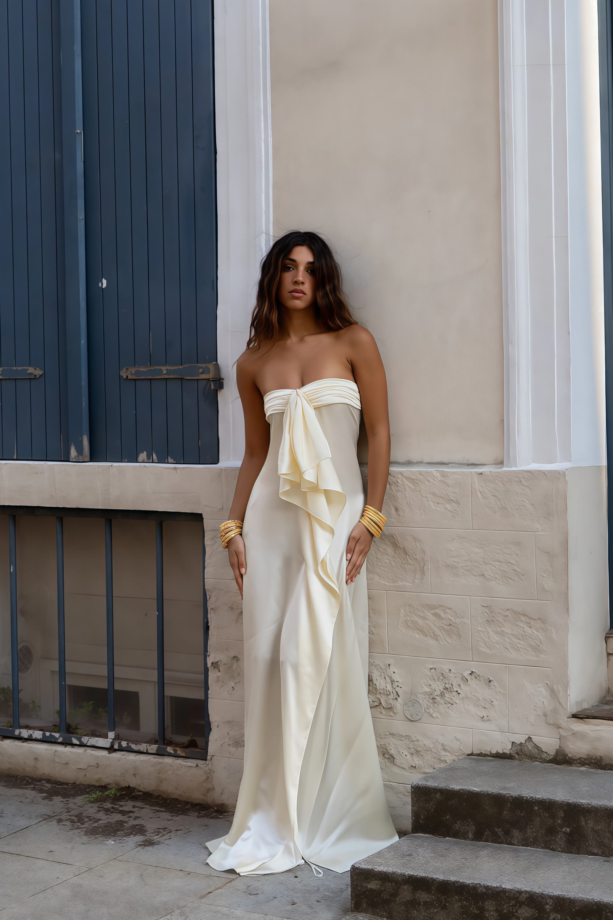 Lilla Beige Strapless Ruffled Satin Maxi Dress