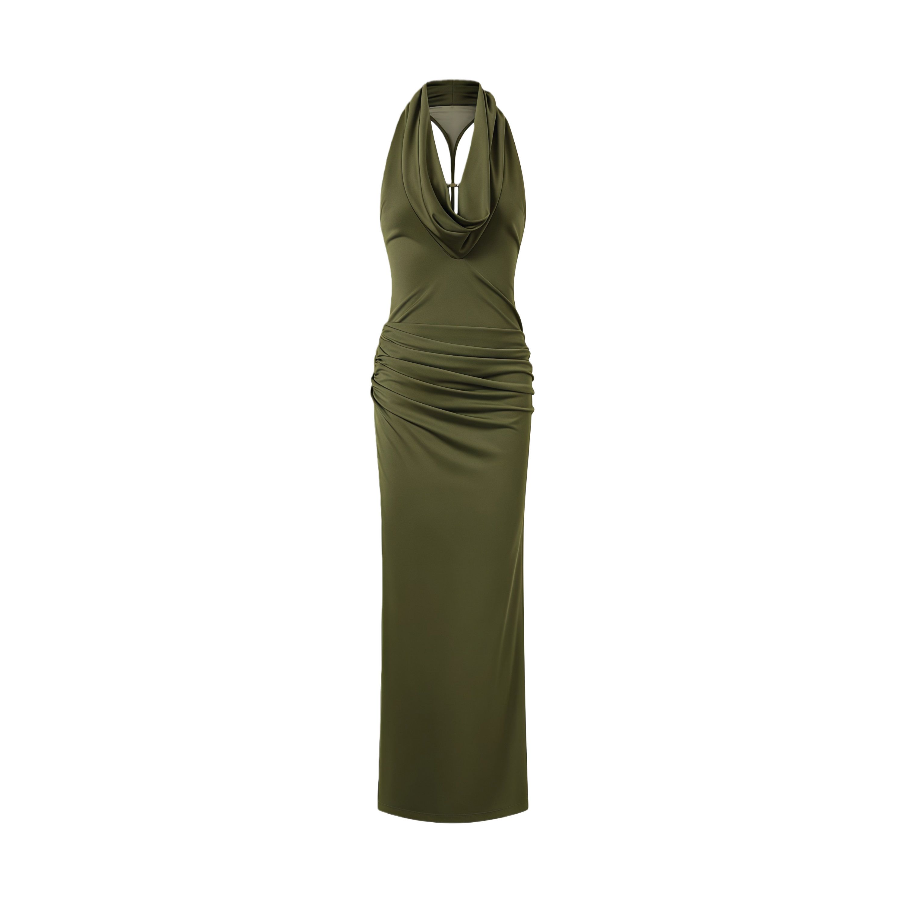 Selene Olive Halterneck Ruched Midi Dress