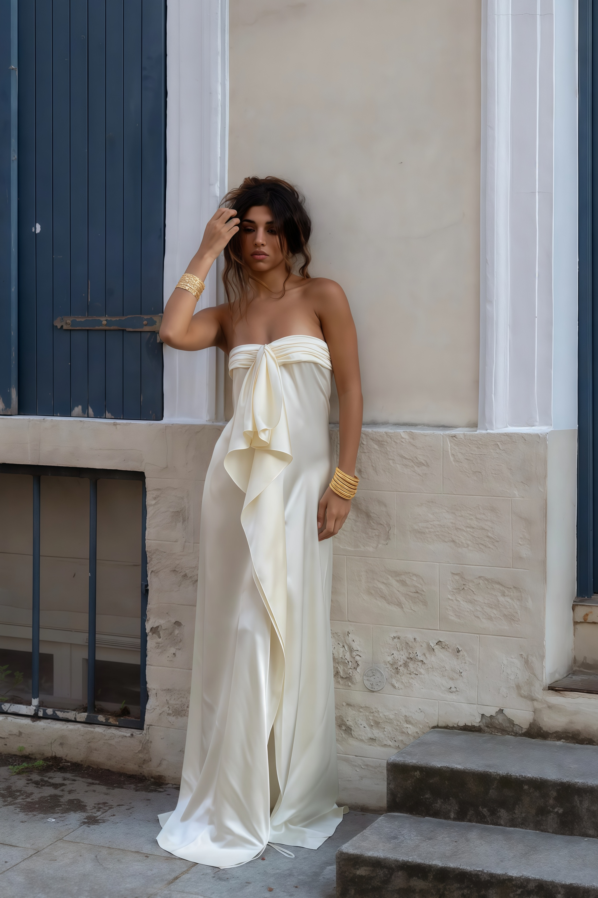 Lilla Beige Strapless Ruffled Satin Maxi Dress