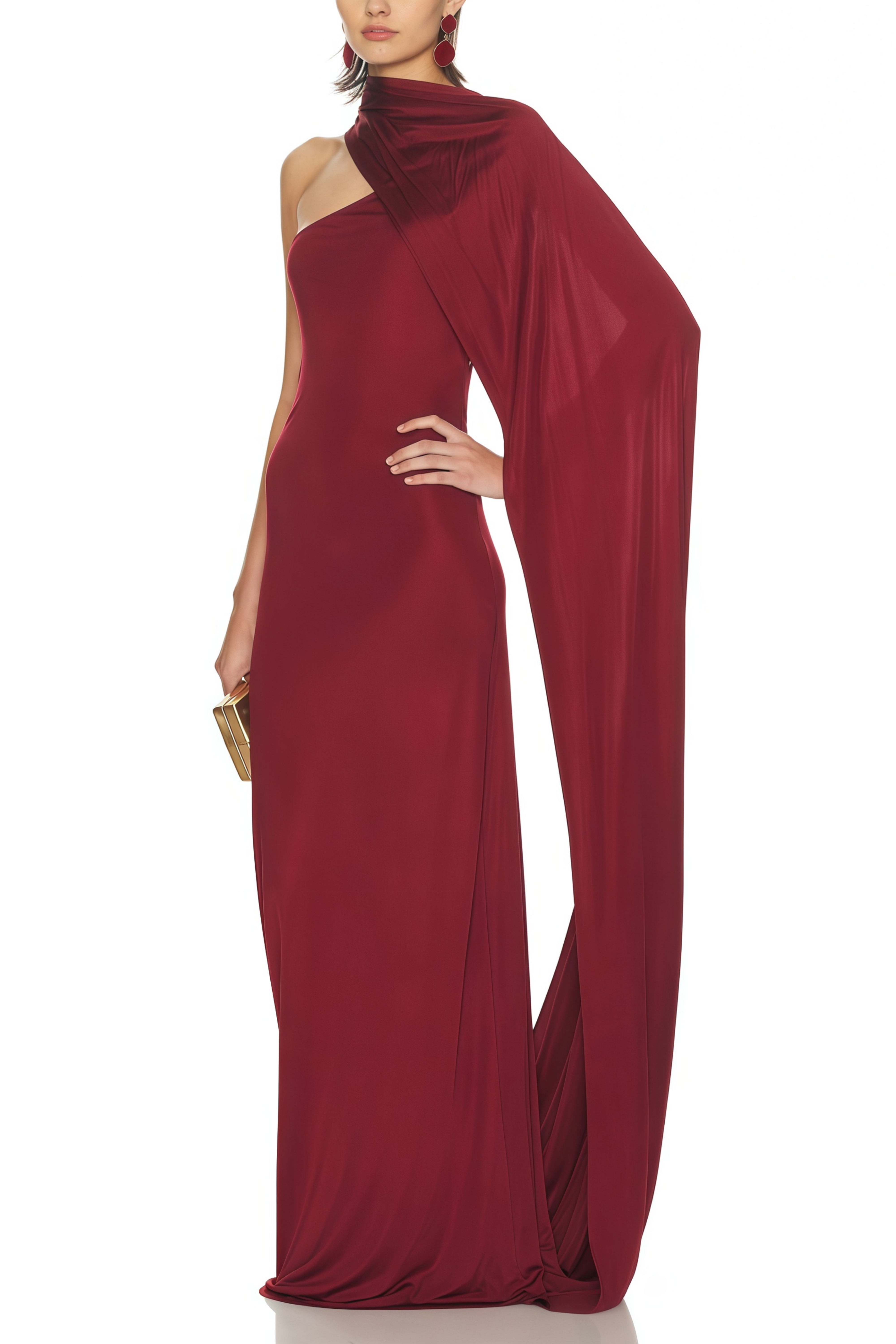 Rosa Ruby Asymmetrical Cape Design Maxi Dress