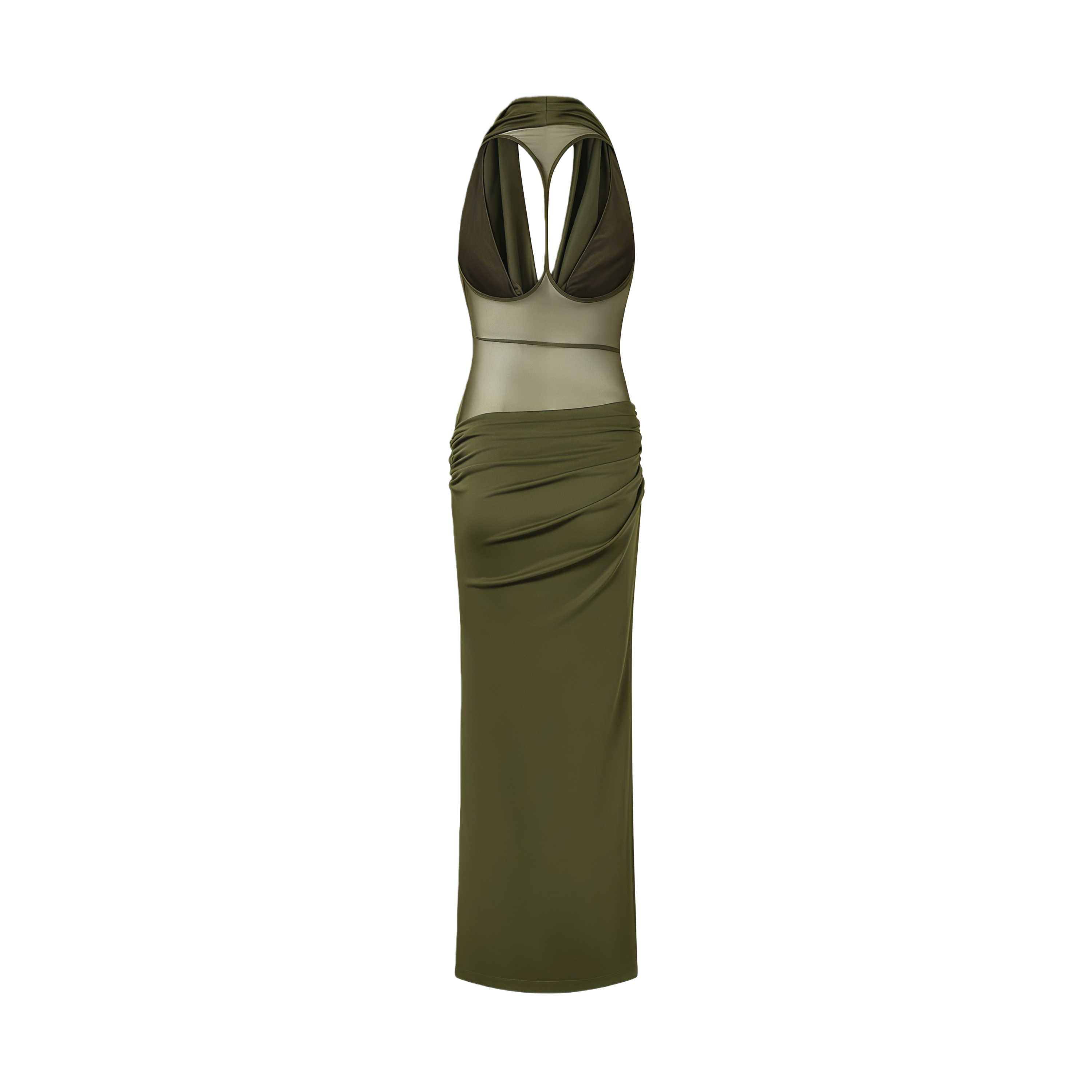 Selene Olive Halterneck Ruched Midi Dress