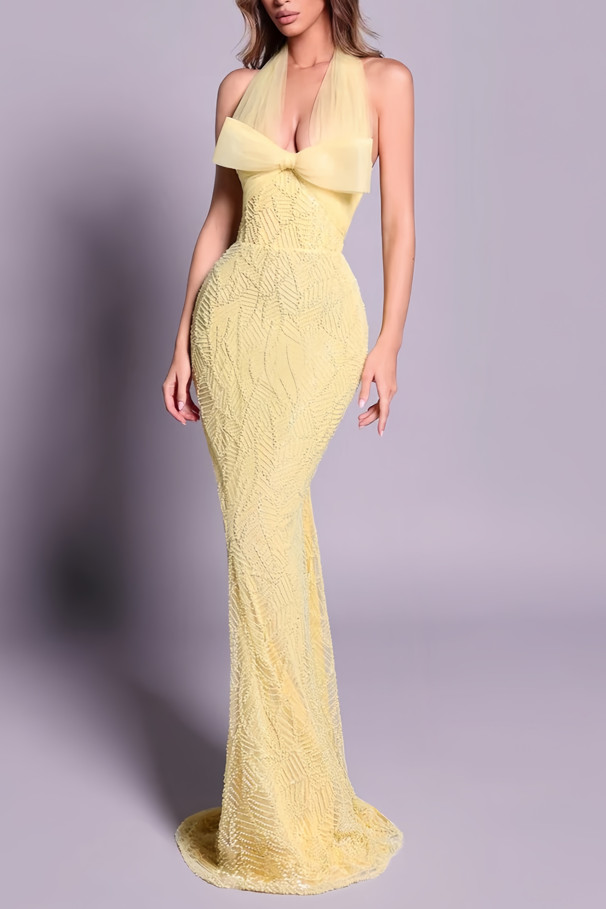 Antonia Yellow Halterneck Bow Maxi Dress