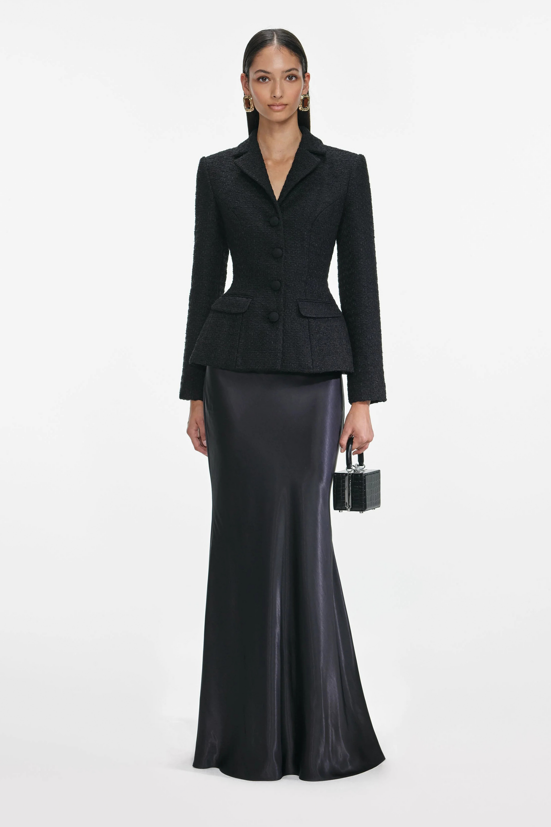 【未使用】THE TOE Peckham Jacket + Skirt Ariadna Black Tweed Jacket & Satin Skirt Set