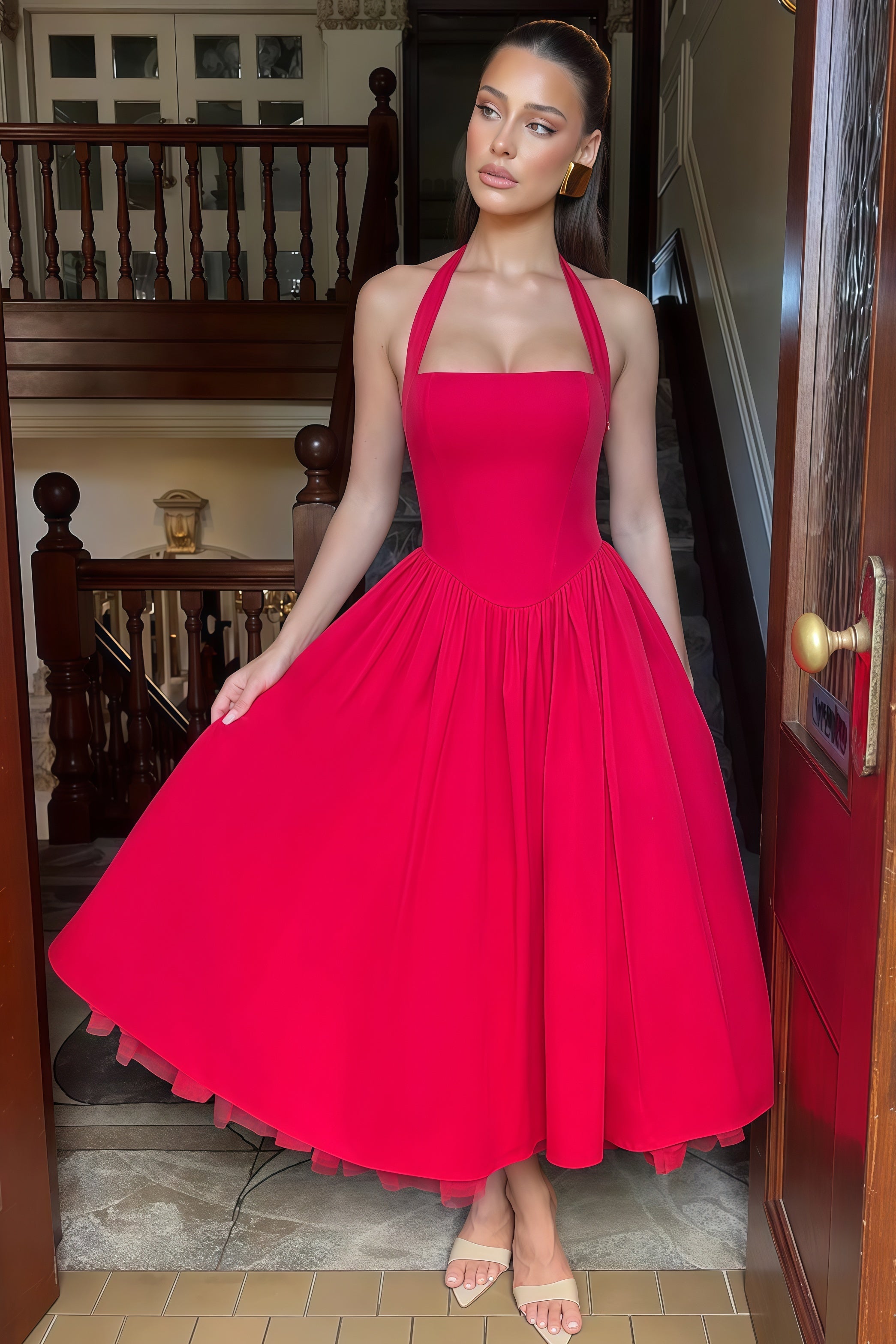 Eponine Red Layered Flared Hem Midi Dress