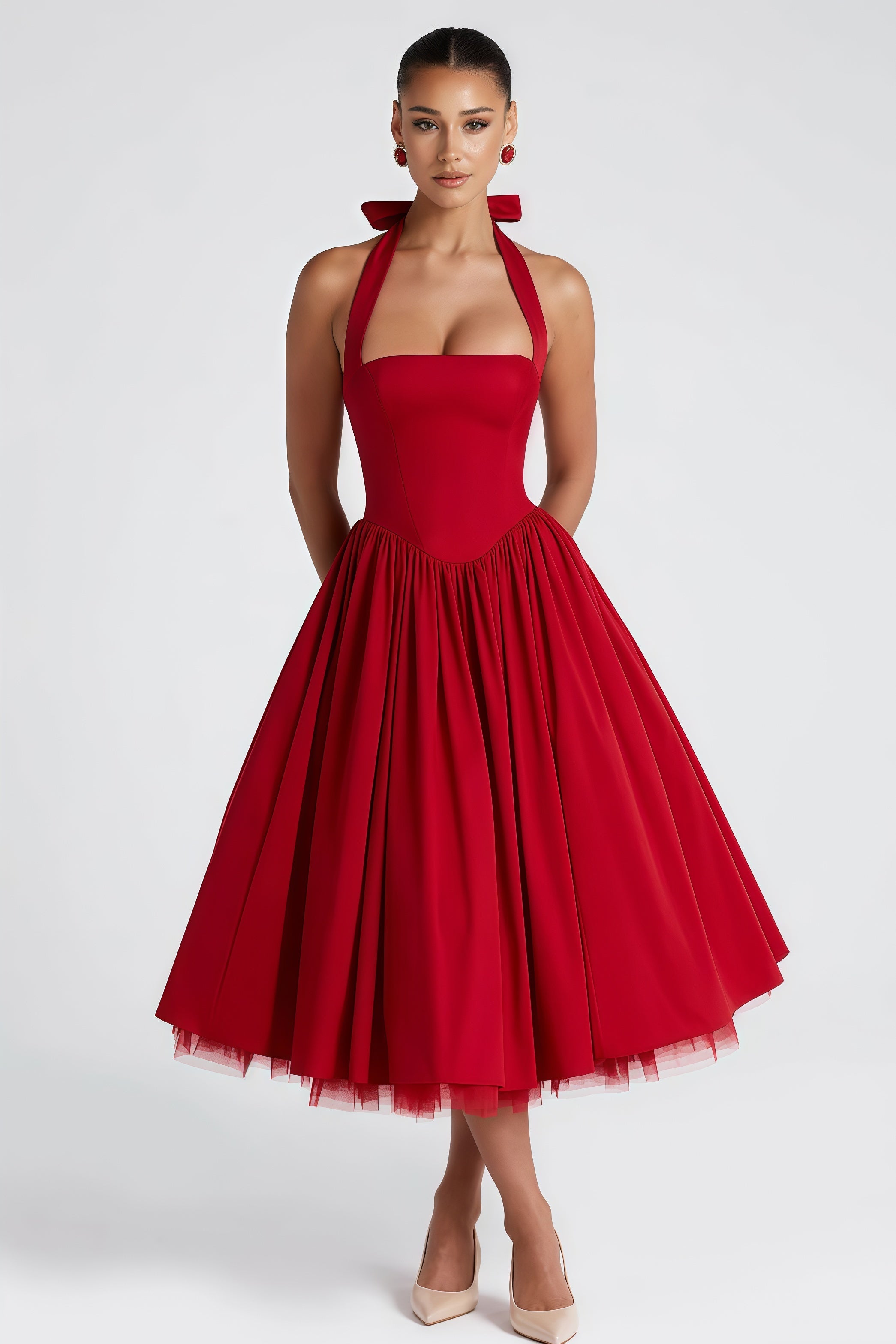 Eponine Red Layered Flared Hem Midi Dress