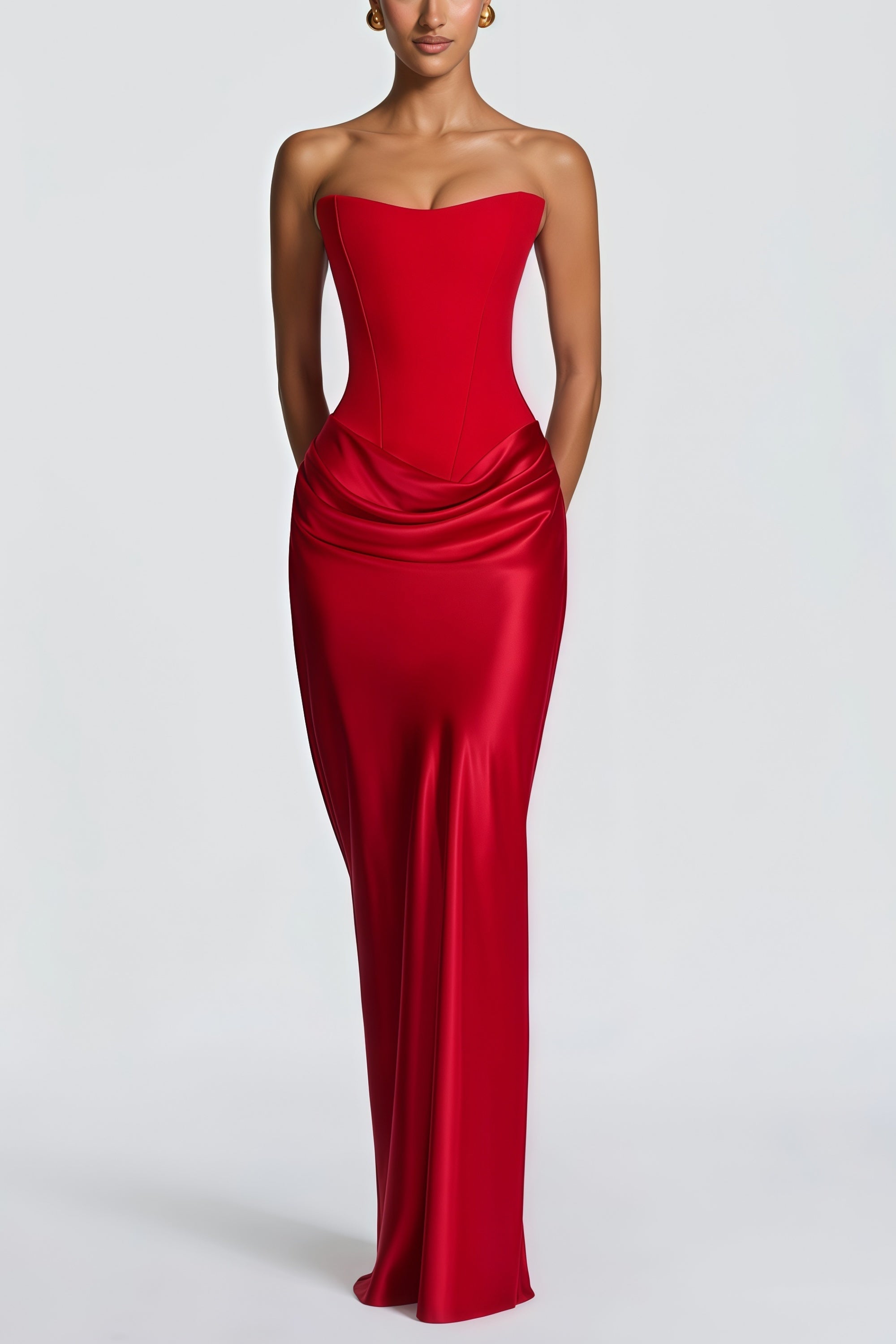 Berit Red Scarf Off Shoulder Ruched Maxi Dress
