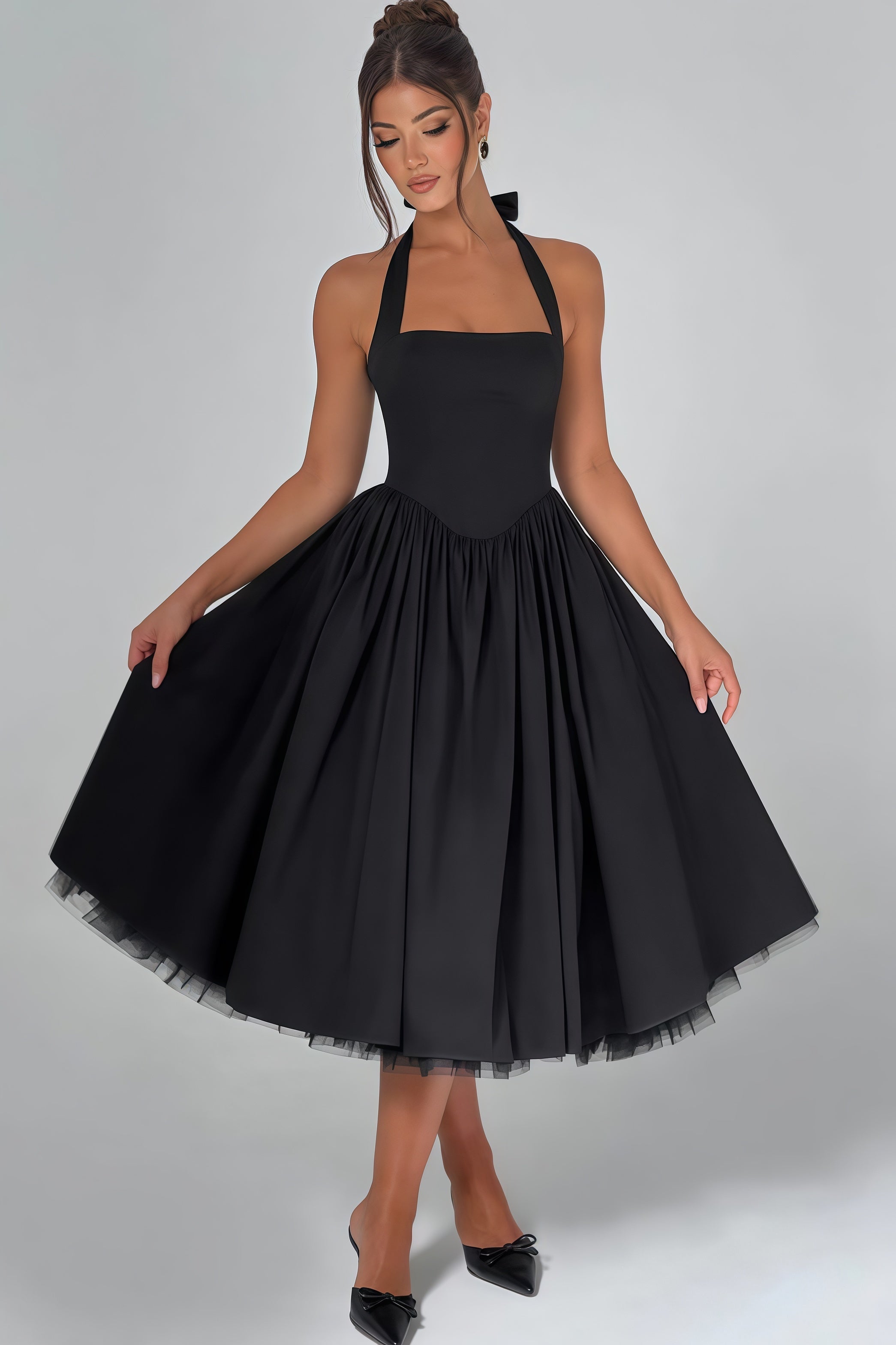 Eponine Black Layered Flared Hem Midi Dress