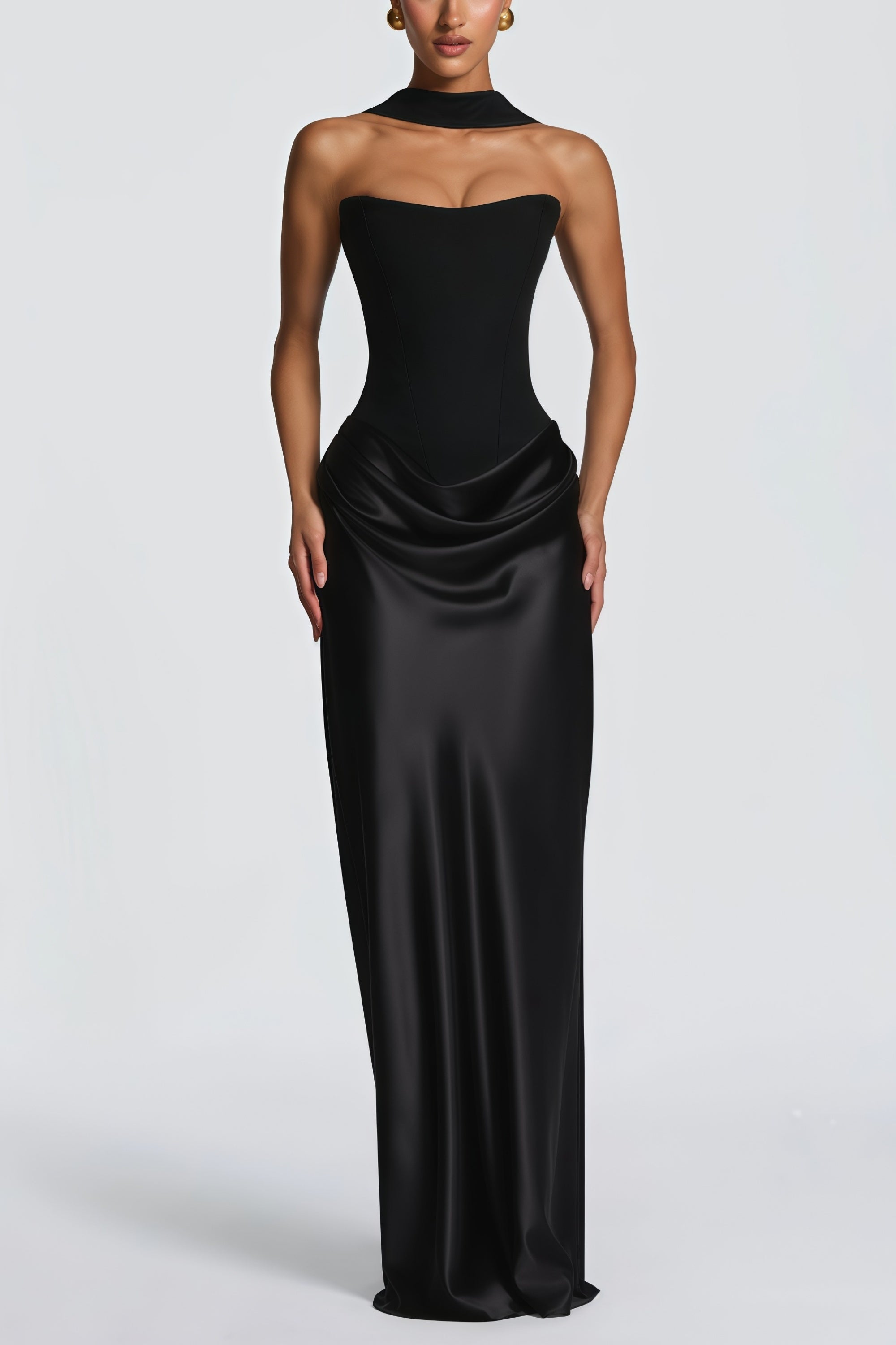 Berit Black Scarf Off Shoulder Ruched Maxi Dress
