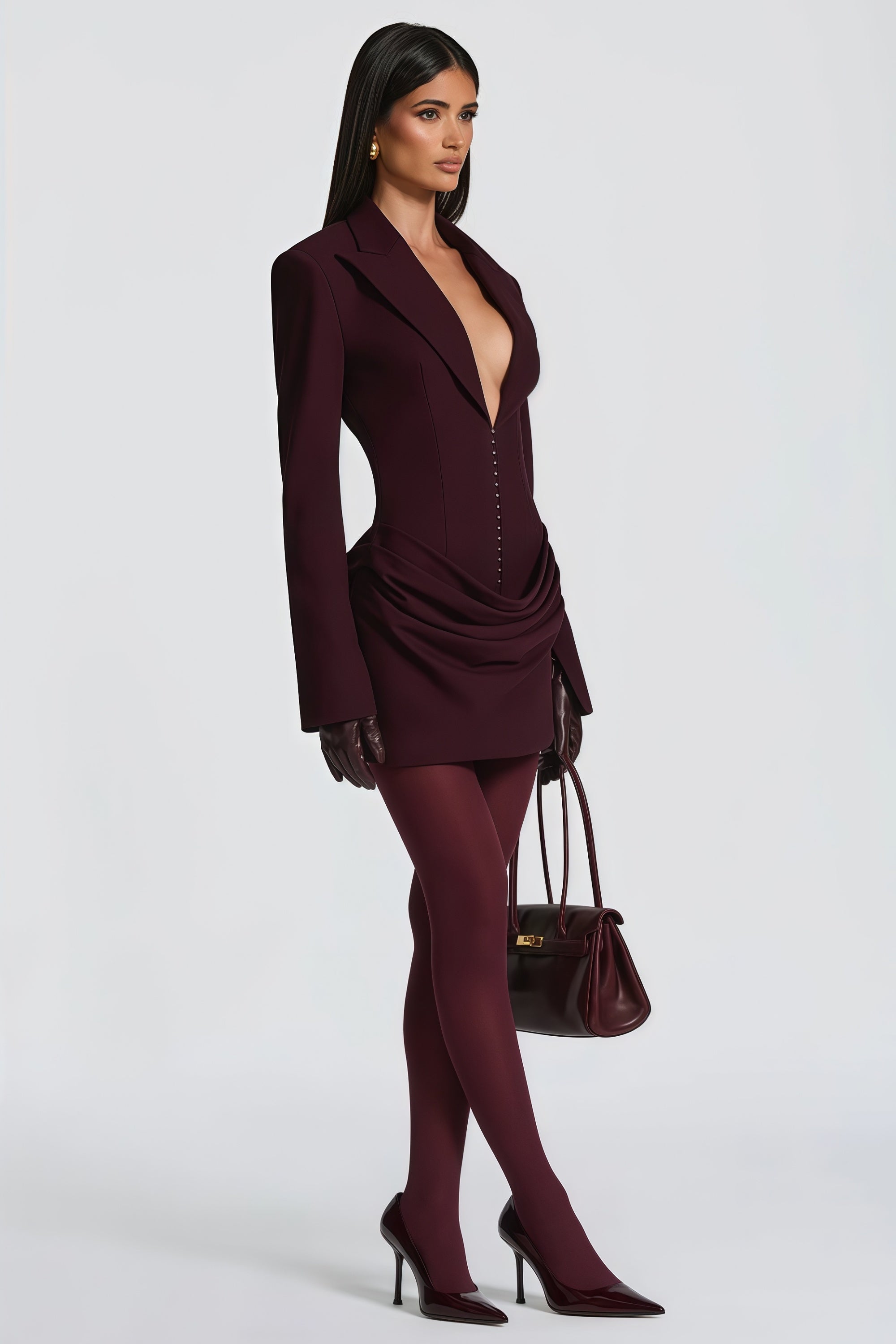 Rosette Burgundy Ruched Blazer Mini Dress